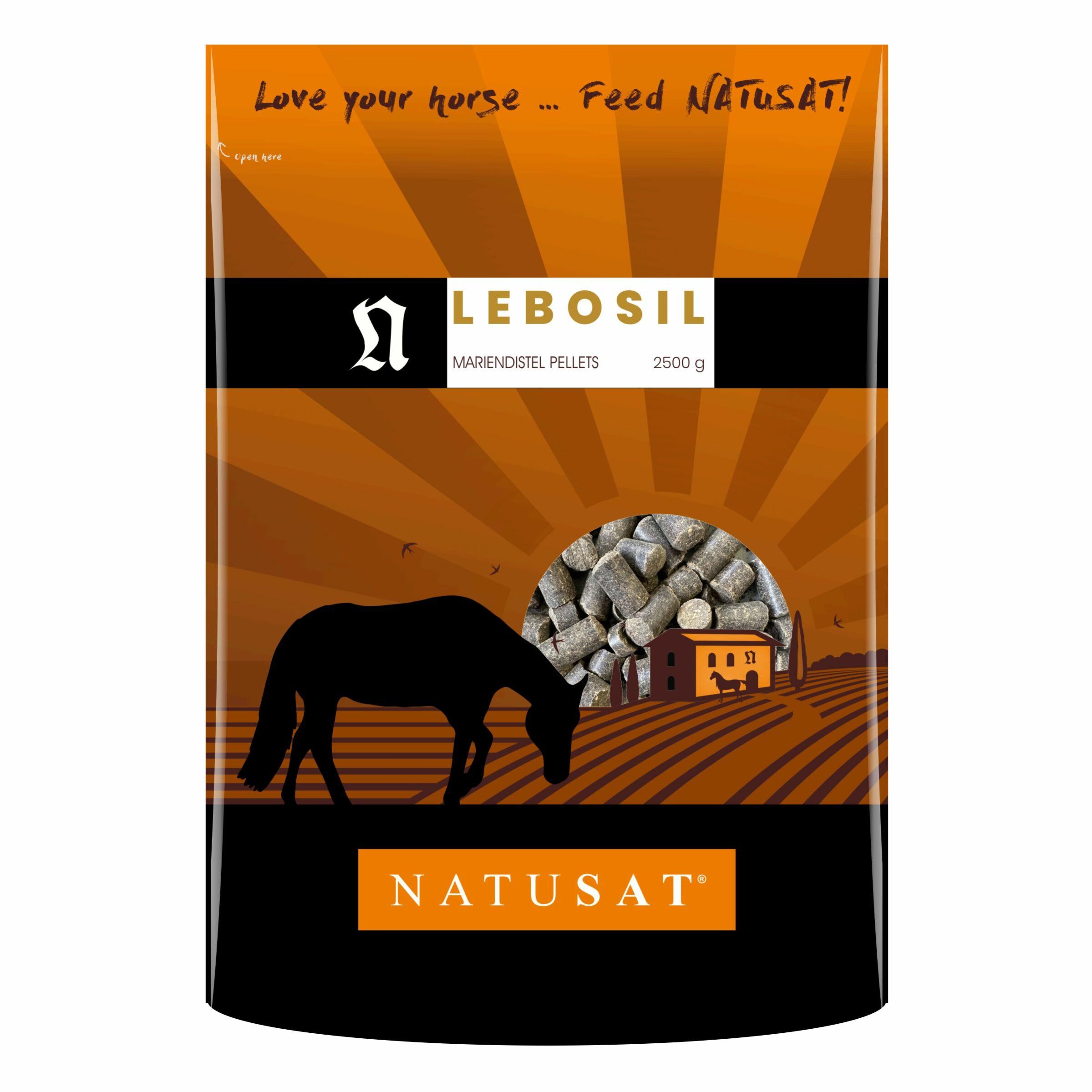 Verpackung mit Lebosil Mariendistel Pellets. Braune Verpackung mit Pferdesilhouette und Produktnamen.