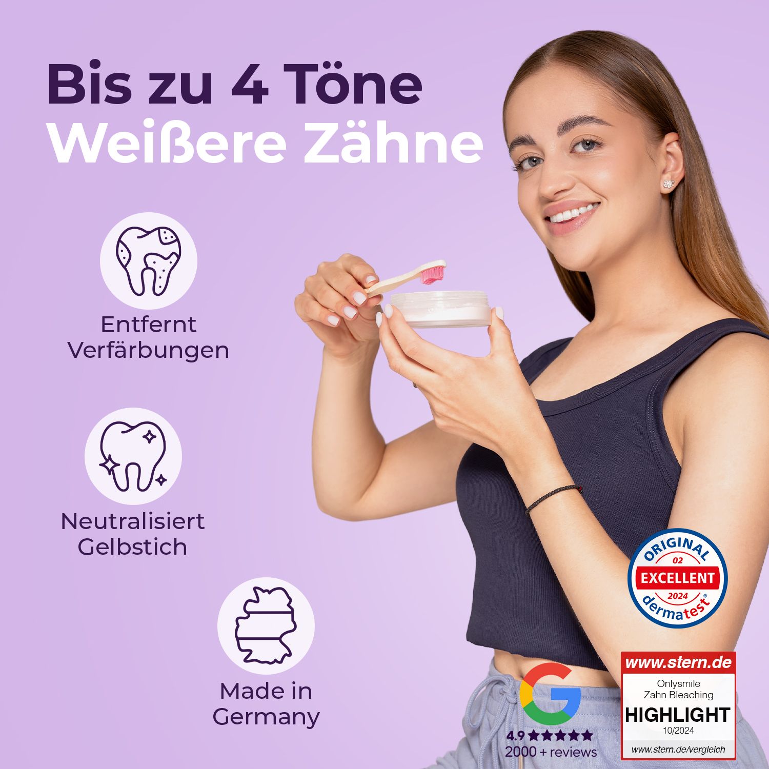 Frau mit OnlySmile®-Pulver und Löffel. Text: Bis zu 4 Töne weißere Zähne. Entfernt Flecken, neutralisiert Gelbstich.