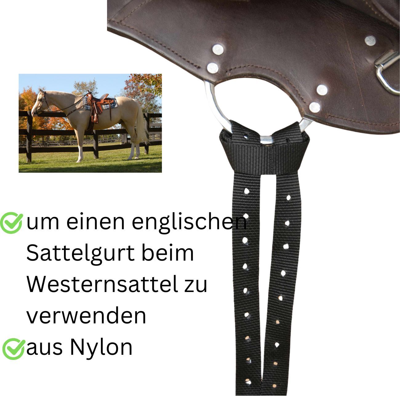 Schwarzer Adapter an Sattel. Text: um einen englischen Sattelgurt beim Westernsattel zu verwenden, aus Nylon.