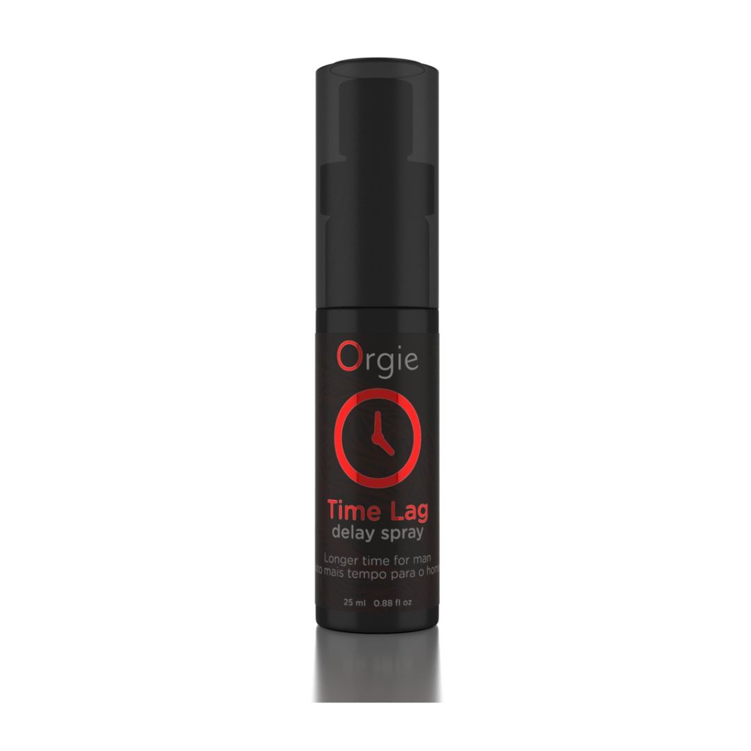 Schwarze Sprühflasche mit rotem Logo und Schriftzug. Produktname: Time Lag Delay Spray. 25 ml.