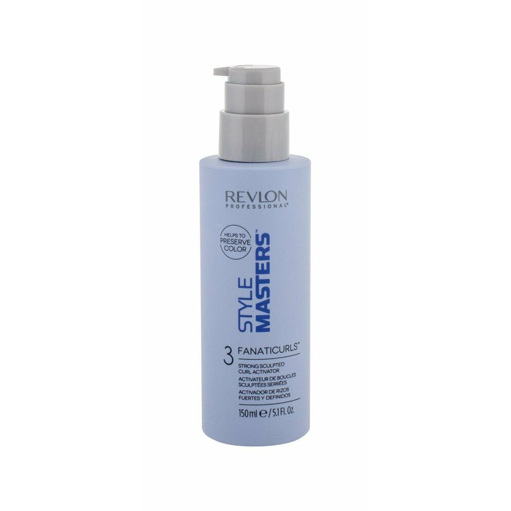 Hellblaues Produkt mit Pumpe. Aufschrift: Revlon Style Masters Fanaticurls. 150ml. Für coloriertes Haar.