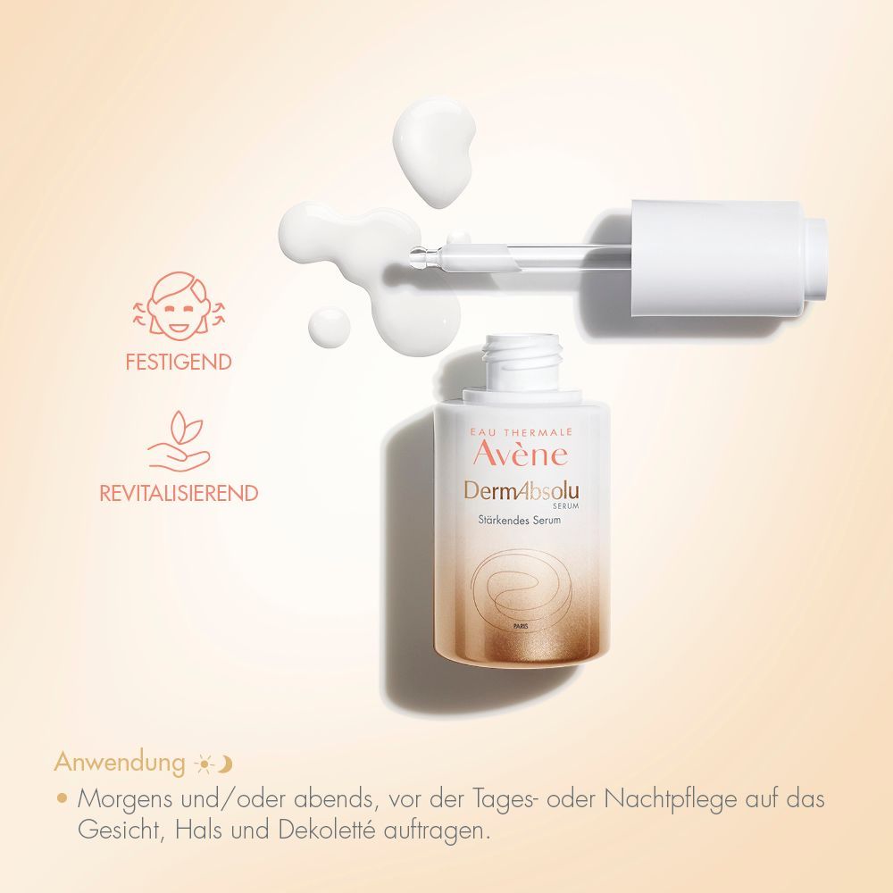 Serumflasche mit Pipette und Tropfen. Aufschrift: Avène DermAbsolu Stärkendes Serum. Icons: festigend, revitalisierend. Anwendungshinweis.