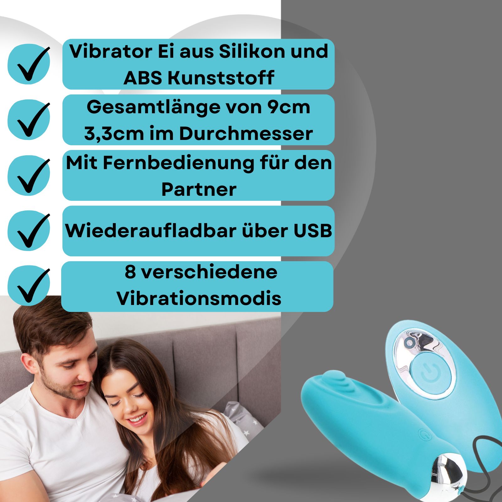 Blaues Vibrations-Ei mit Fernbedienung. Aus Silikon und ABS-Kunststoff. Wiederaufladbar über USB.