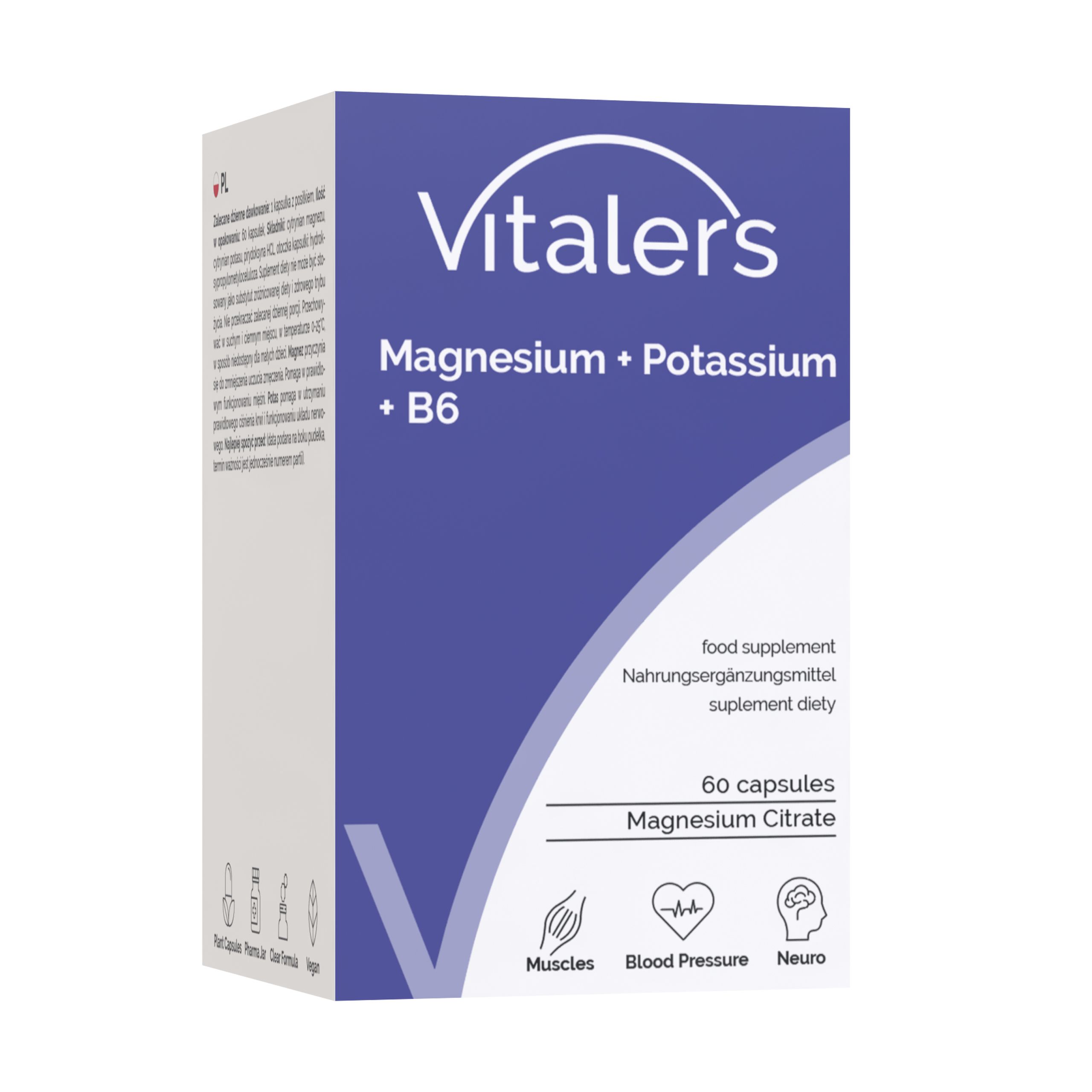 Kartonverpackung von Vitaler's Magnesium + Kalium + B6. 60 Kapseln.