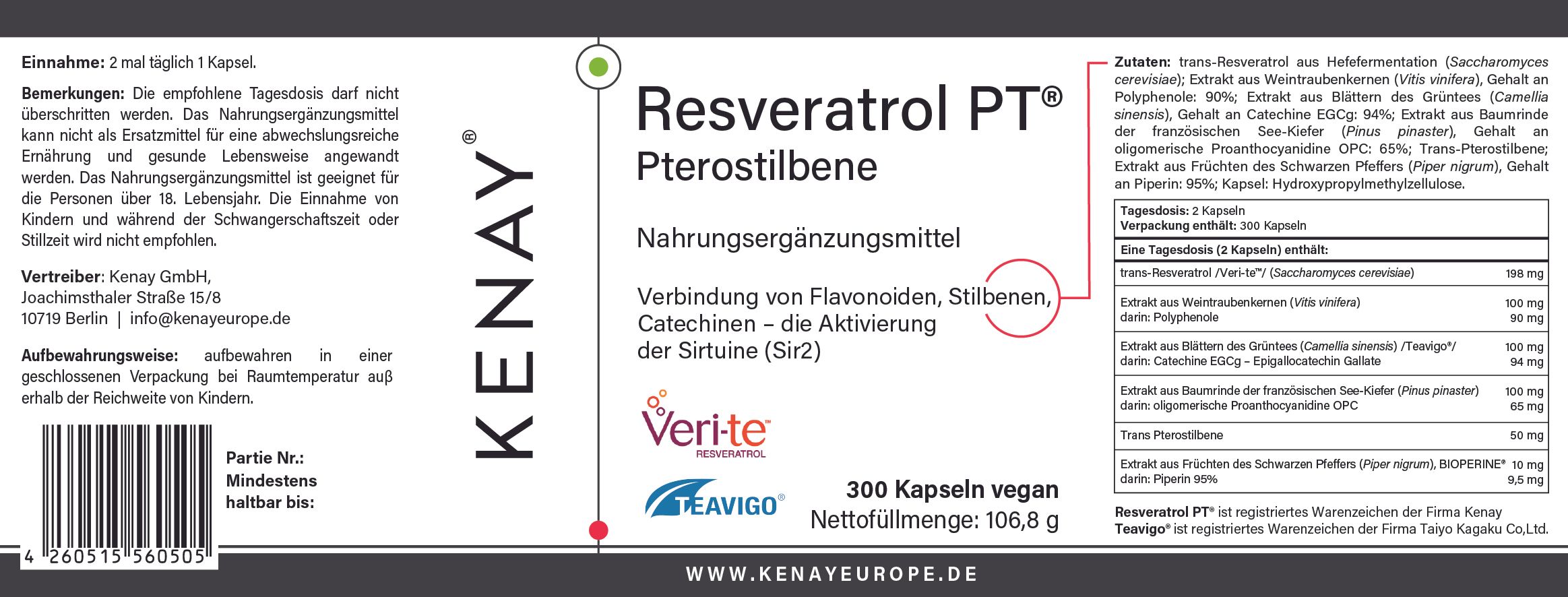 Etikett mit Produktinformationen. Resveratrol PT Pterostilbene, Nahrungsergänzungsmittel. KENAY®-Logo. 300 Kapseln vegan.