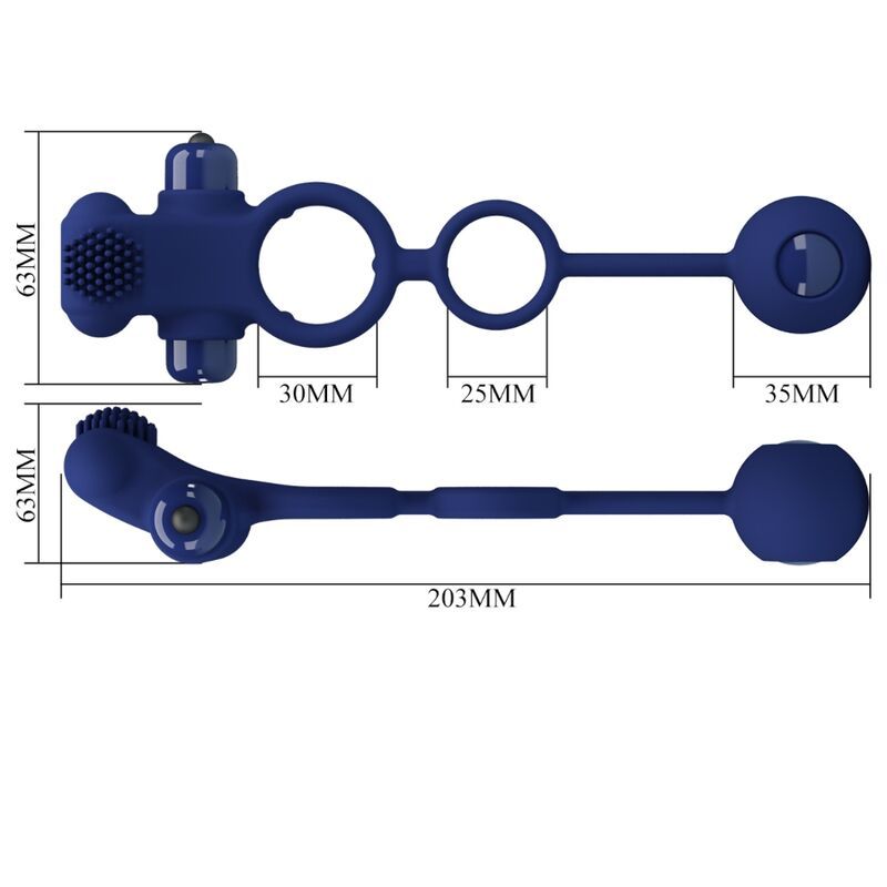 Blauer Vibrationsring mit Ring, Kugel und erhabenen Elementen. Abmessungen: 203mm lang, 63mm hoch. Das Produkt ist aus Silikon.