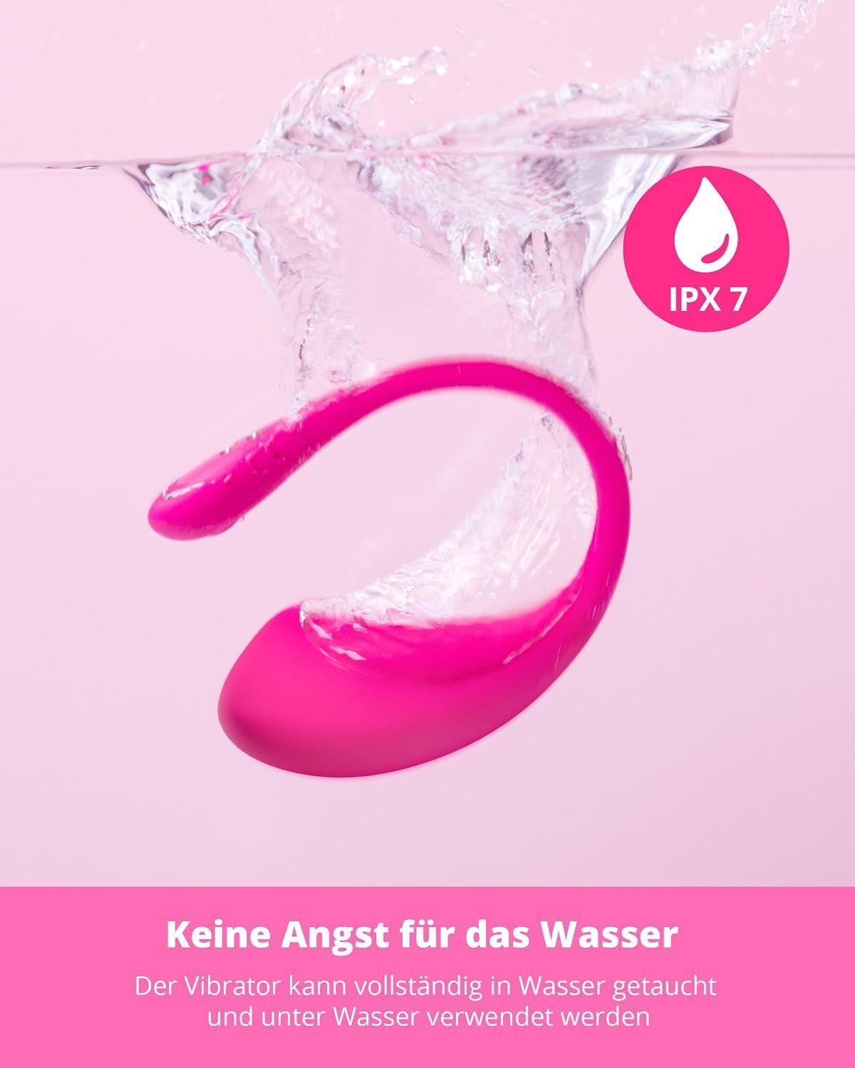 Ein pinker Vibrator wird in Wasser getaucht, zeigt IPX7-Wasserdichtigkeit.