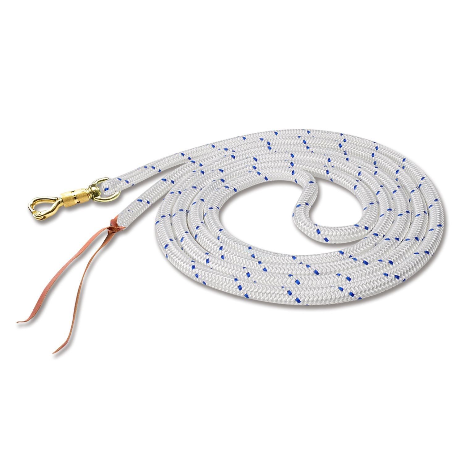Weiße Bodenleine mit blauen Punkten, Karabinerhaken und Lederriemen. Aufgerollt auf weißem Hintergrund.
