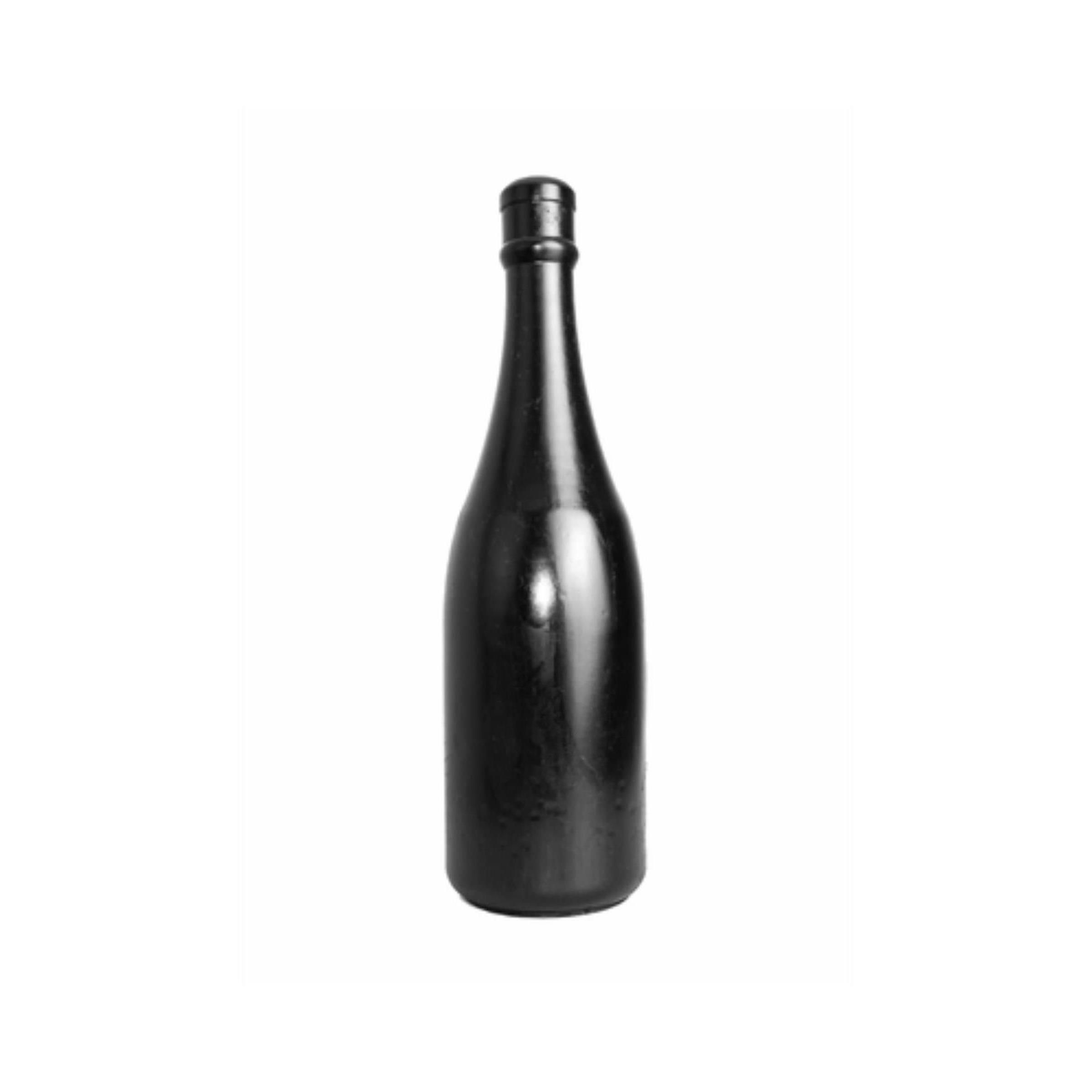 Schwarzer Buttplug in Flaschenform. Glatte Oberfläche, zylindrischer Hals, abgerundete Basis. Steht aufrecht.