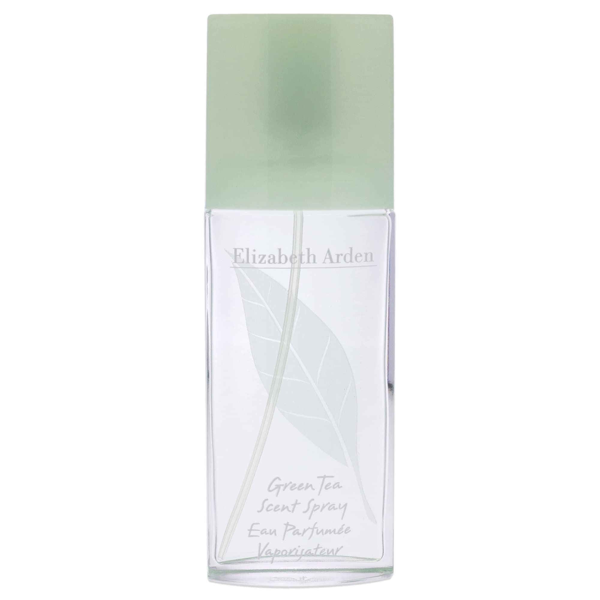 Rechteckiger Flakon mit grünem Deckel. Aufschrift: Elizabeth Arden, Green Tea Scent Spray, Eau Parfumée Vaporisateur. Blatt-Design.