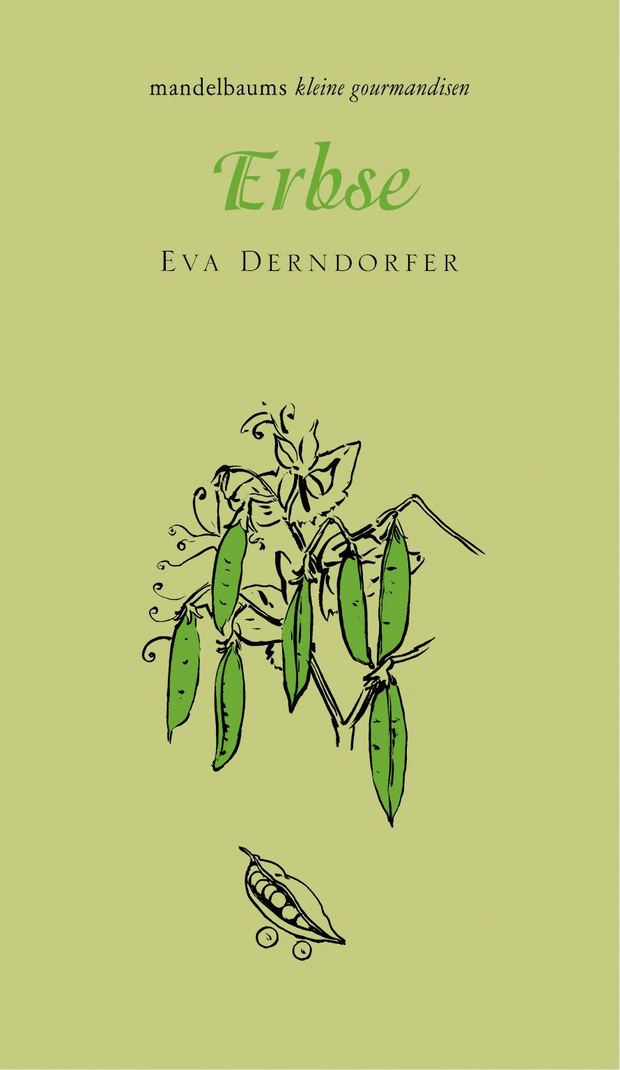 Buchcover mit grünen Erbsen-Illustrationen. Titel: Erbse. Autor: Eva Derndorfer. Hintergrund hellgrün.