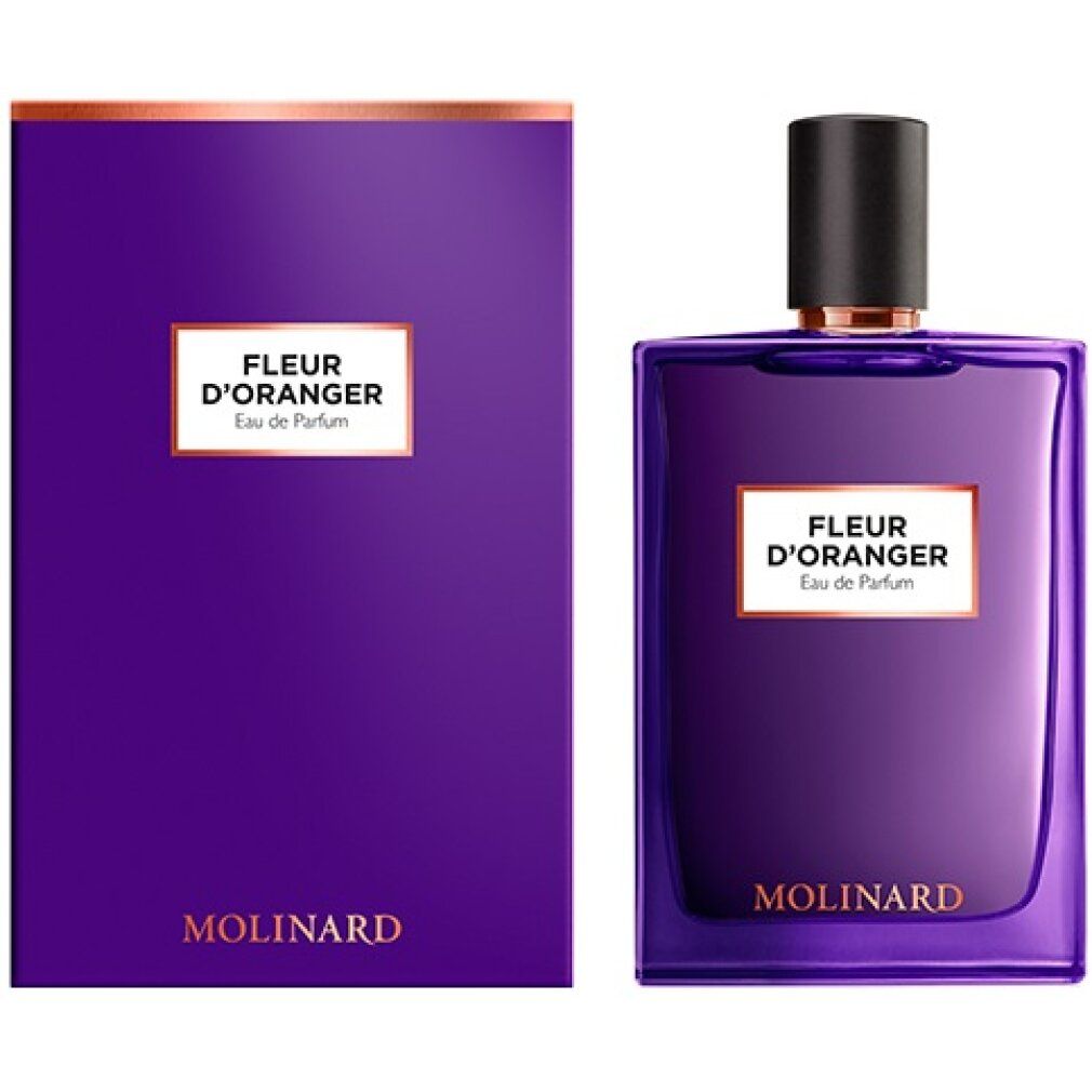 Violette Schachtel und Flakon. Auf der Schachtel und dem Flakon "FLEUR D'ORANGER Eau de Parfum" und "MOLINARD".