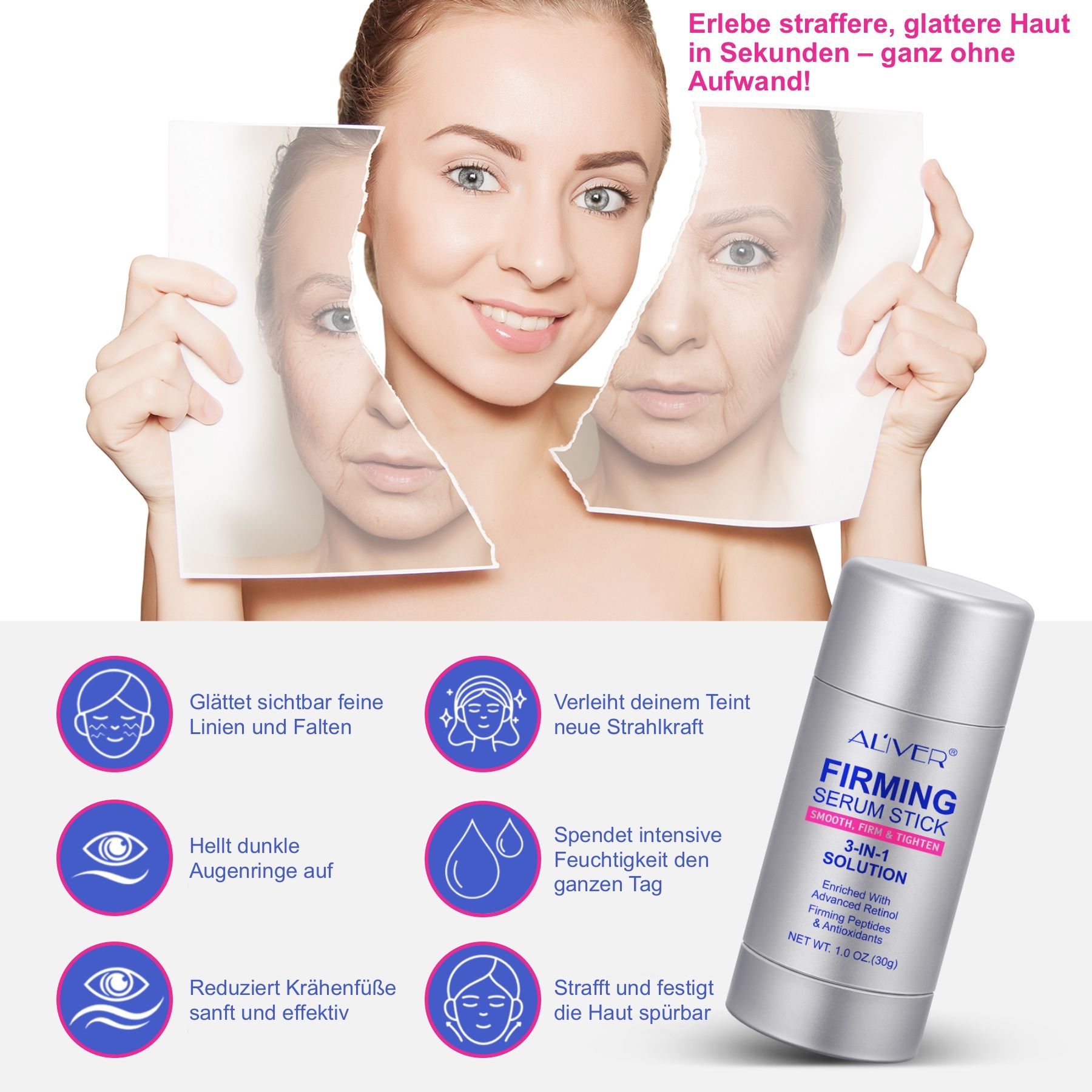 Frau hält zerrissenes Foto. ALIVER Firming Serum Stick. Text: glattere Haut, reduziert Falten, hellt Augenringe auf.