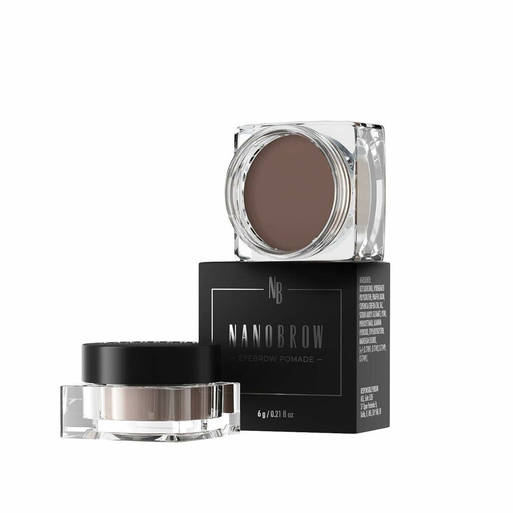Nanobrow Augenbrauen Pomade in dunklem Braun, in einem transparenten Glasbehälter mit schwarzem Deckel, neben der Verpackung.