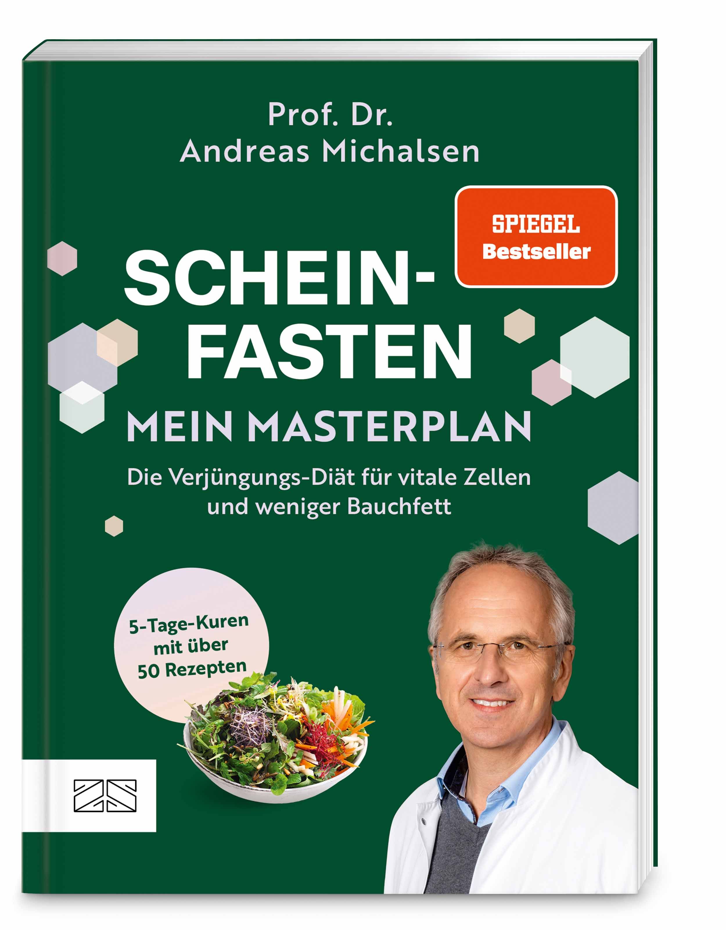 Buchcover mit Titel "SCHEIN-FASTEN – MEIN MASTERPLAN". Autor: Prof. Dr. Andreas Michalsen. Mit Salatbild und "SPIEGEL Bestseller" Siegel.