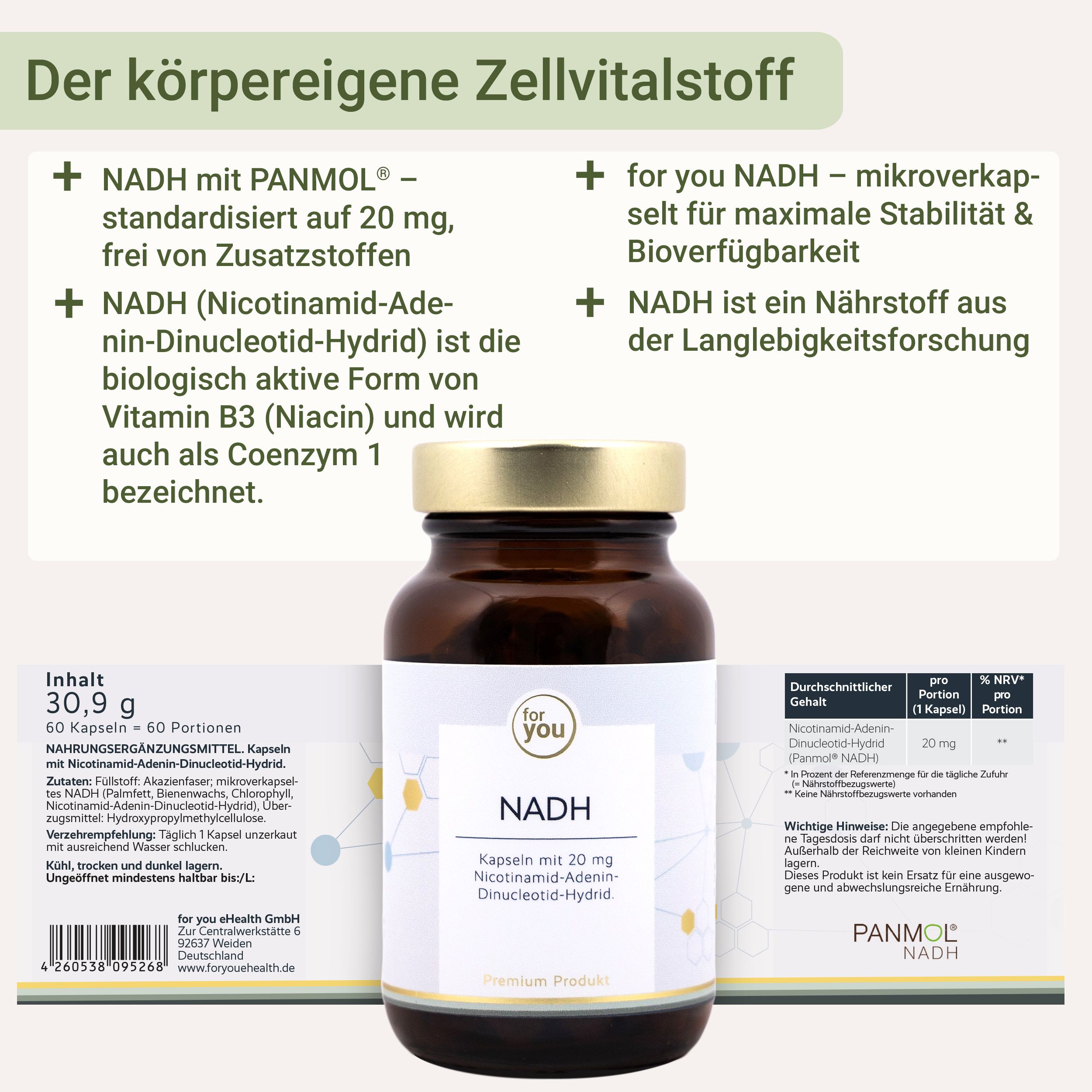 Eine Flasche NADH-Kapseln mit detaillierter Nährwertangabe und Inhaltsstoffen auf dem Etikett.