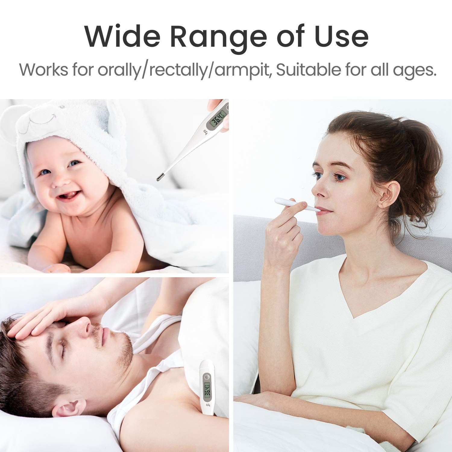 Drei Bilder zeigen die Anwendung des Thermometers bei Babys, Erwachsenen und einer Person im Bett. Das Thermometer wird verwendet.