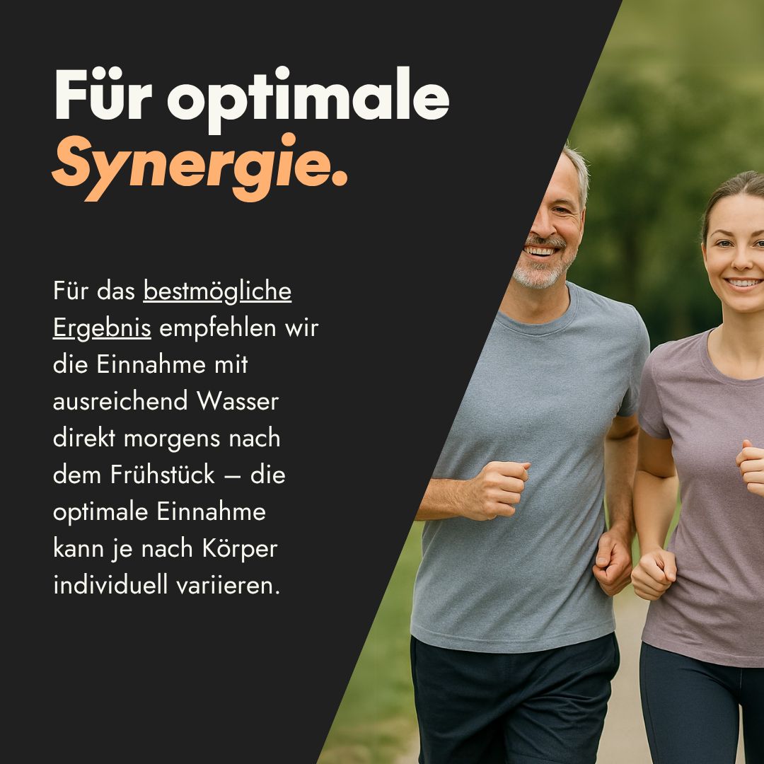 Frau und Mann joggen. Text: Für optimale Synergie. Einnahme mit Wasser direkt morgens nach dem Frühstück empfohlen.