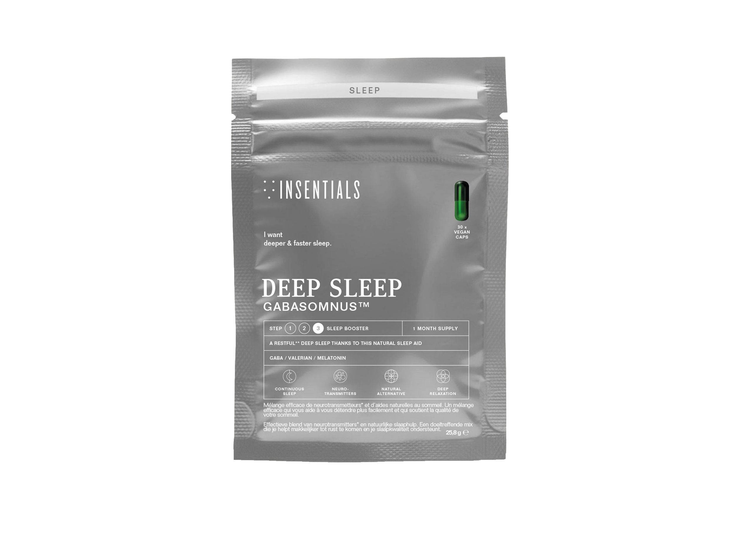 Vorderseite einer silbernen Verpackung mit der Aufschrift 'Insentials Deep Sleep'.