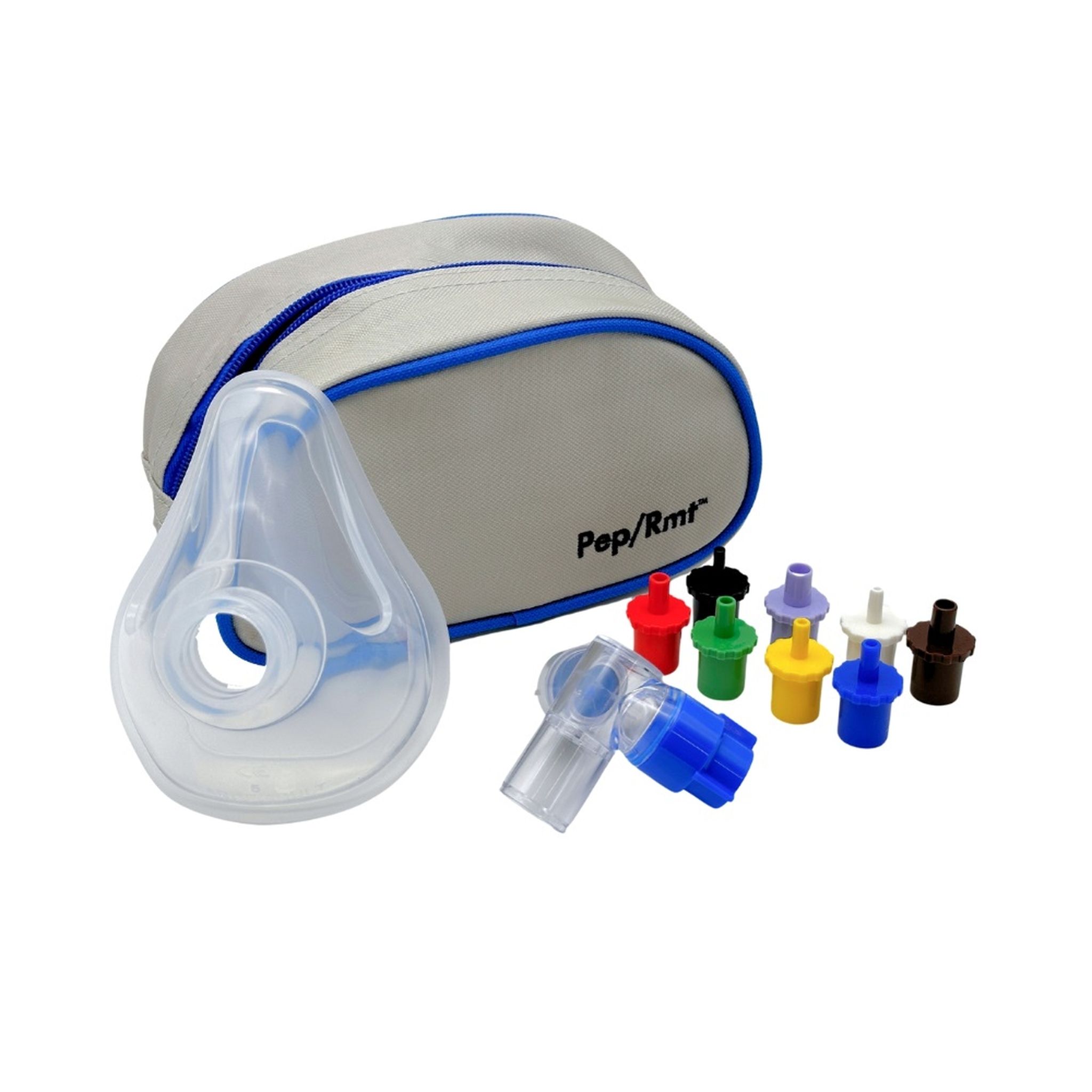 Medizinischer Atemschutz-Kit mit Maske, Adapter und farbigen Filtern in einer Tasche.