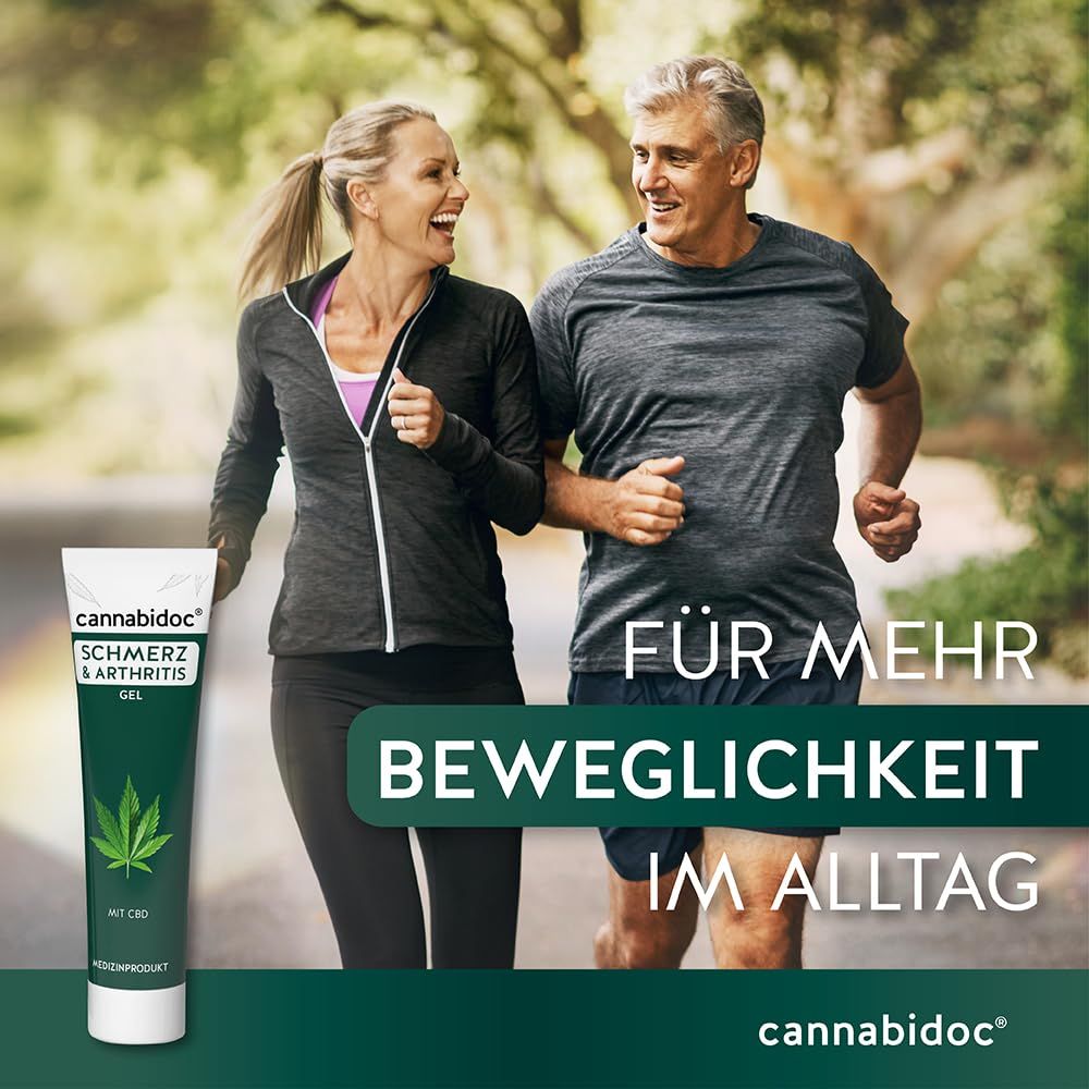 Zwei Personen joggen. Gel-Tube mit Logo und Produktnamen. Text: Für mehr Beweglichkeit im Alltag.