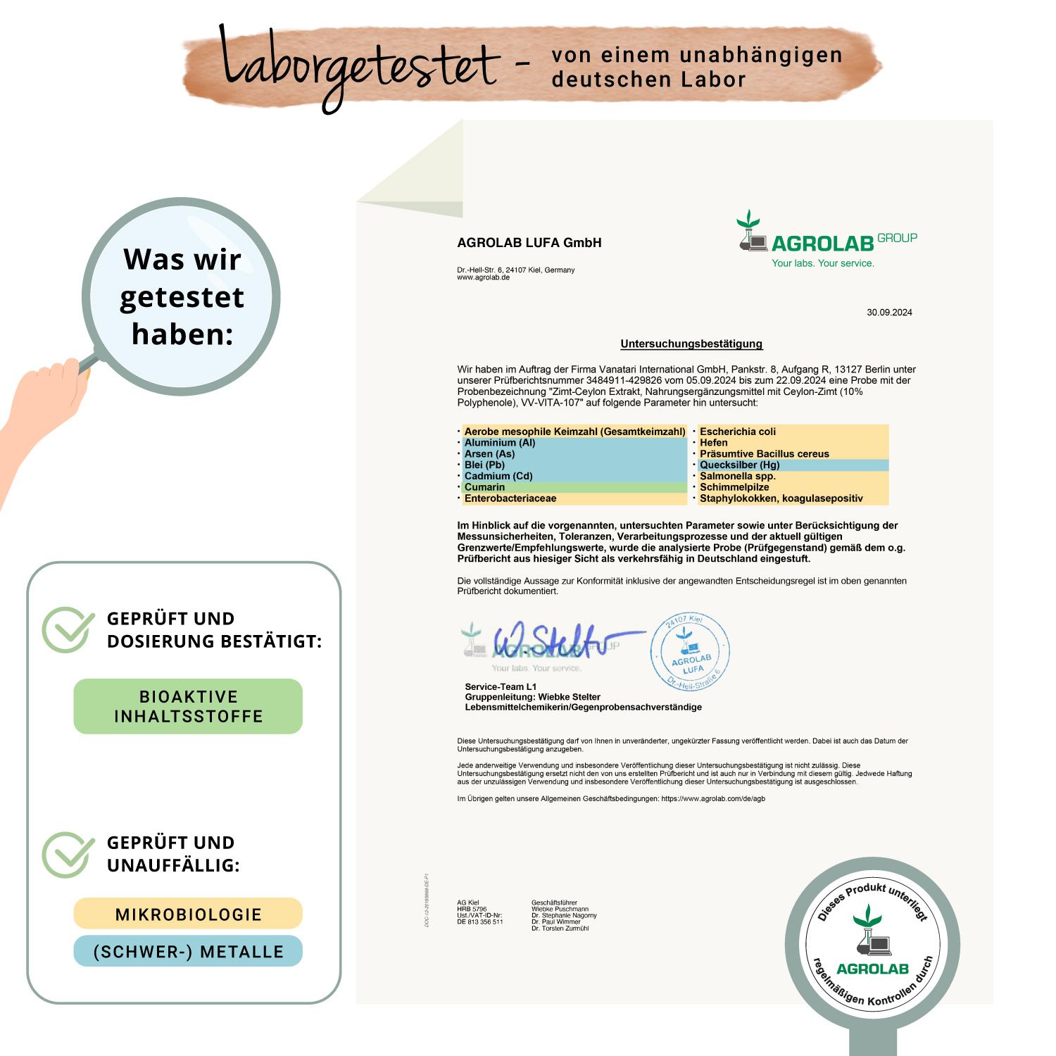 Zertifikat von Agrolab. Bestätigung von Bioaktiven Inhaltsstoffen und Mikrobiologie.