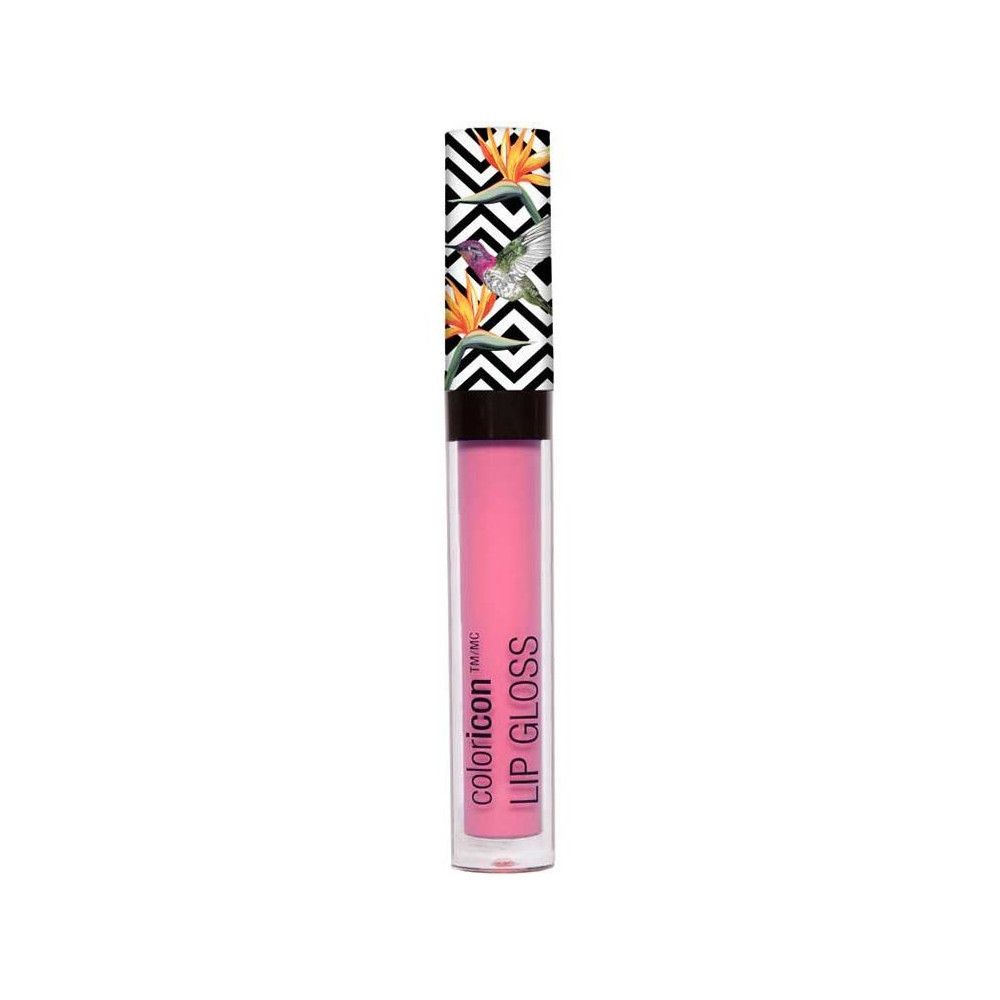 Rosa Lipgloss-Tube mit schwarzem Deckel. Der Deckel ist mit einem Muster aus Schwarz, Weiß und Blumen verziert. Auf der Tube steht "coloricon LIP GLOSS".