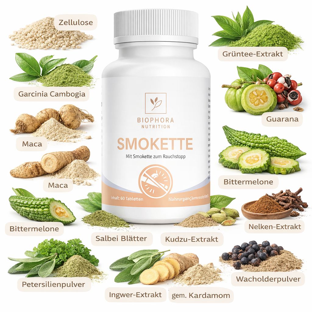 Weiße Flasche mit Tabletten, umgeben von Kräutern und Früchten. Aufschrift: SMOKETTE, Mit Smokette zum Rauchstopp. Zutaten: Zellulose, Grüntee-Extrakt, etc.