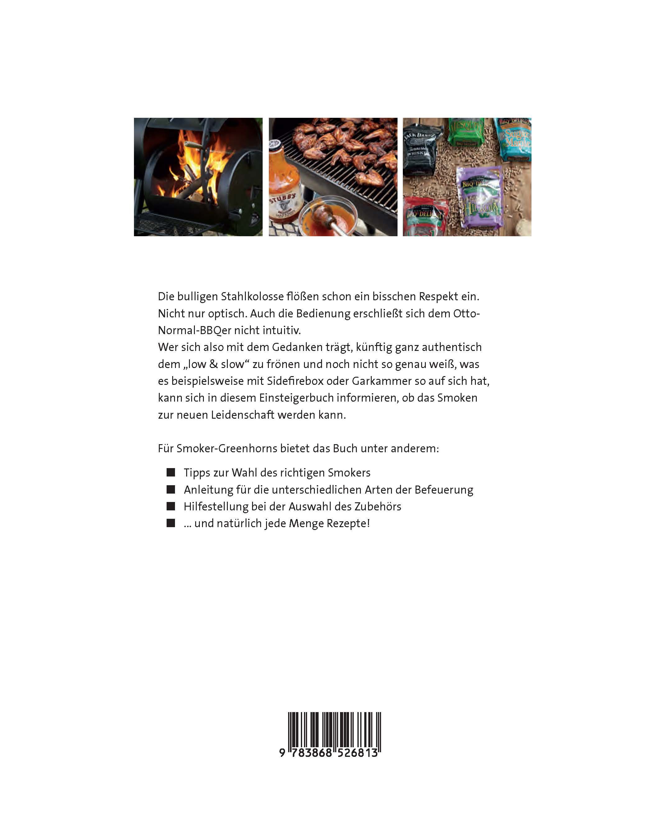 Rückseite des Buches "Das kleine Smoker-Buch". Text in deutscher Sprache. Oben drei Fotos, unten ISBN-Barcode.