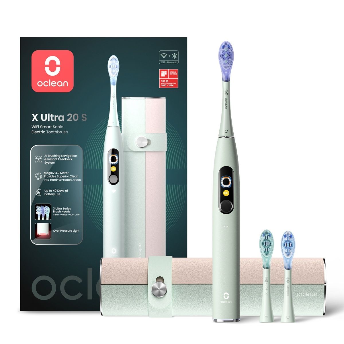 Elektrische Zahnbürste, grün, mit Ladestation und zwei Ersatzbürsten. Verpackung mit Produktname und Zertifizierungen.