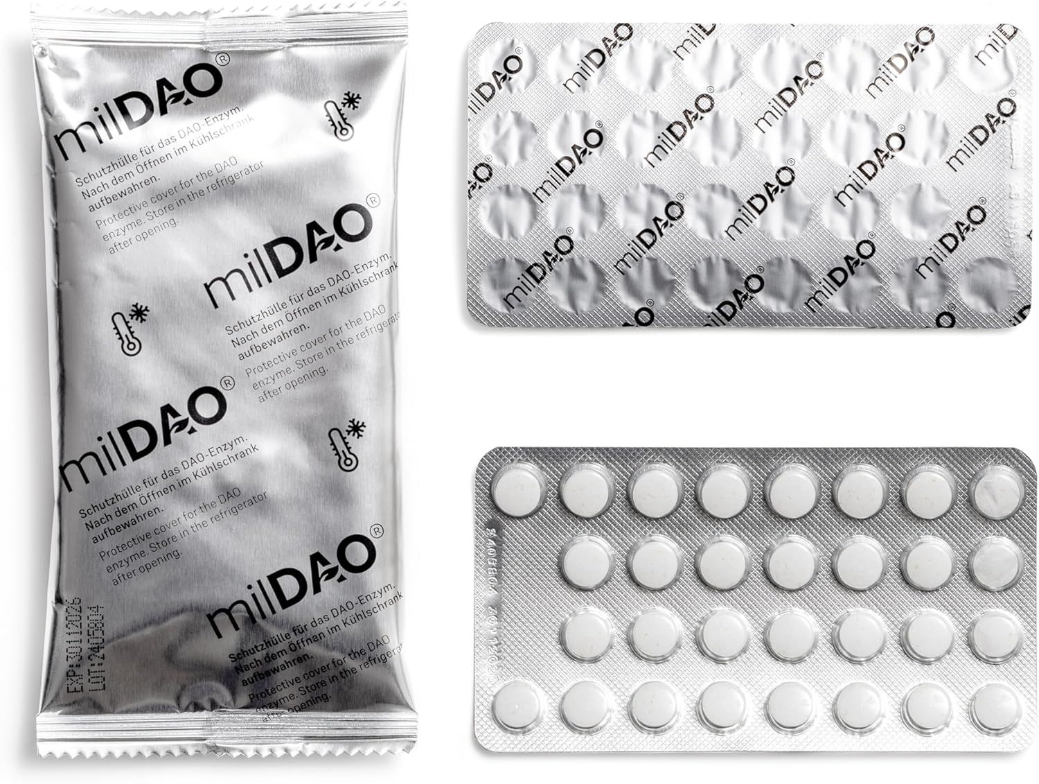 Verpackung mit milDAO-Tabletten. Einzelne Blisterpackungen und ein Beutel mit Tabletten. Produktname sichtbar.