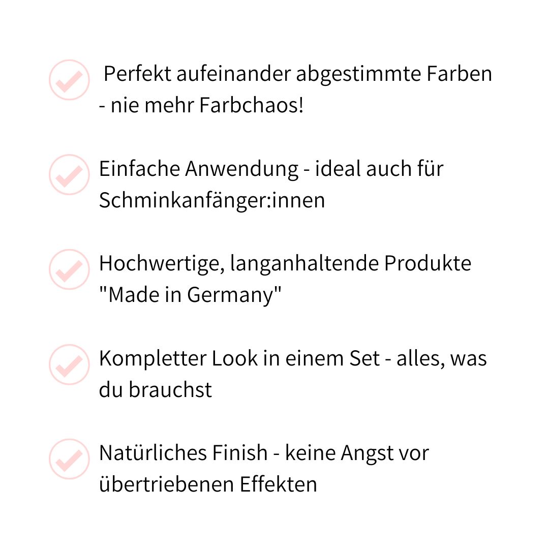 Text auf weißem Hintergrund mit Check-Symbolen. Beschreibt Vorteile des Sets: Farben, Anwendung, Qualität, Look und Finish.
