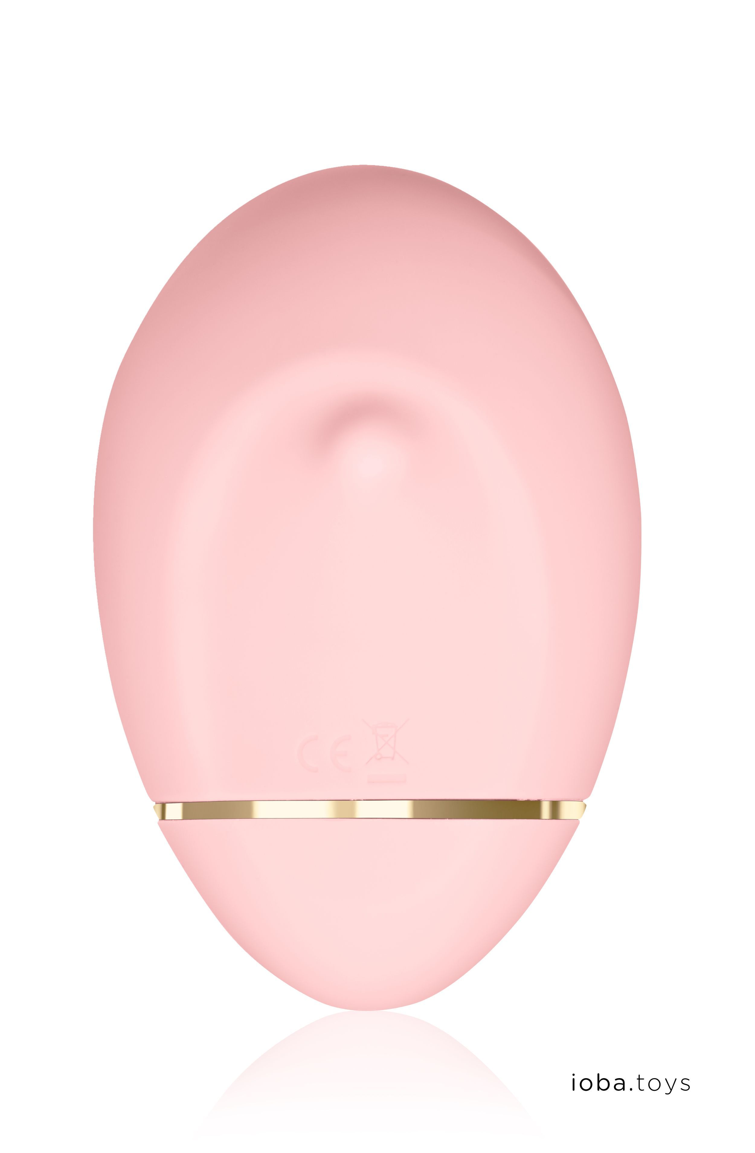 Rosa, ovales Gerät mit goldfarbenem Akzent. CE-Kennzeichnung. Text: ioba.toys.