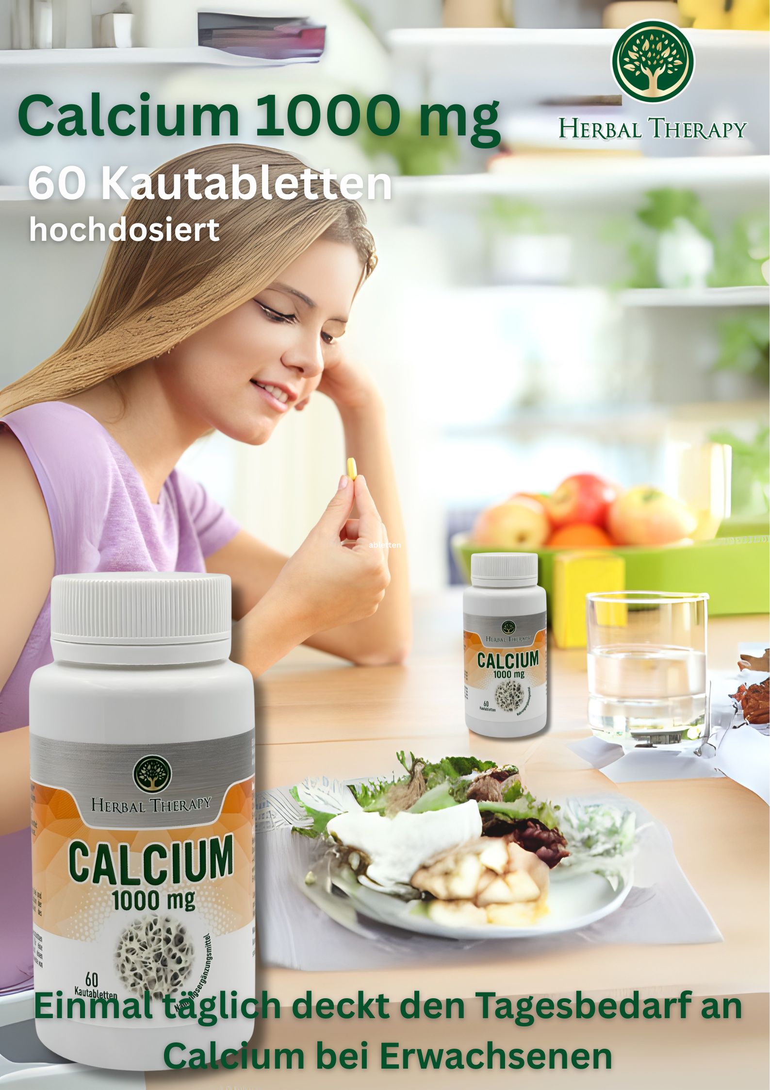 Produktflasche Calcium 1000 mg und eine Frau, die eine Tablette einnimmt. Text: Einmal täglich deckt den Tagesbedarf an Calcium bei Erwachsenen.