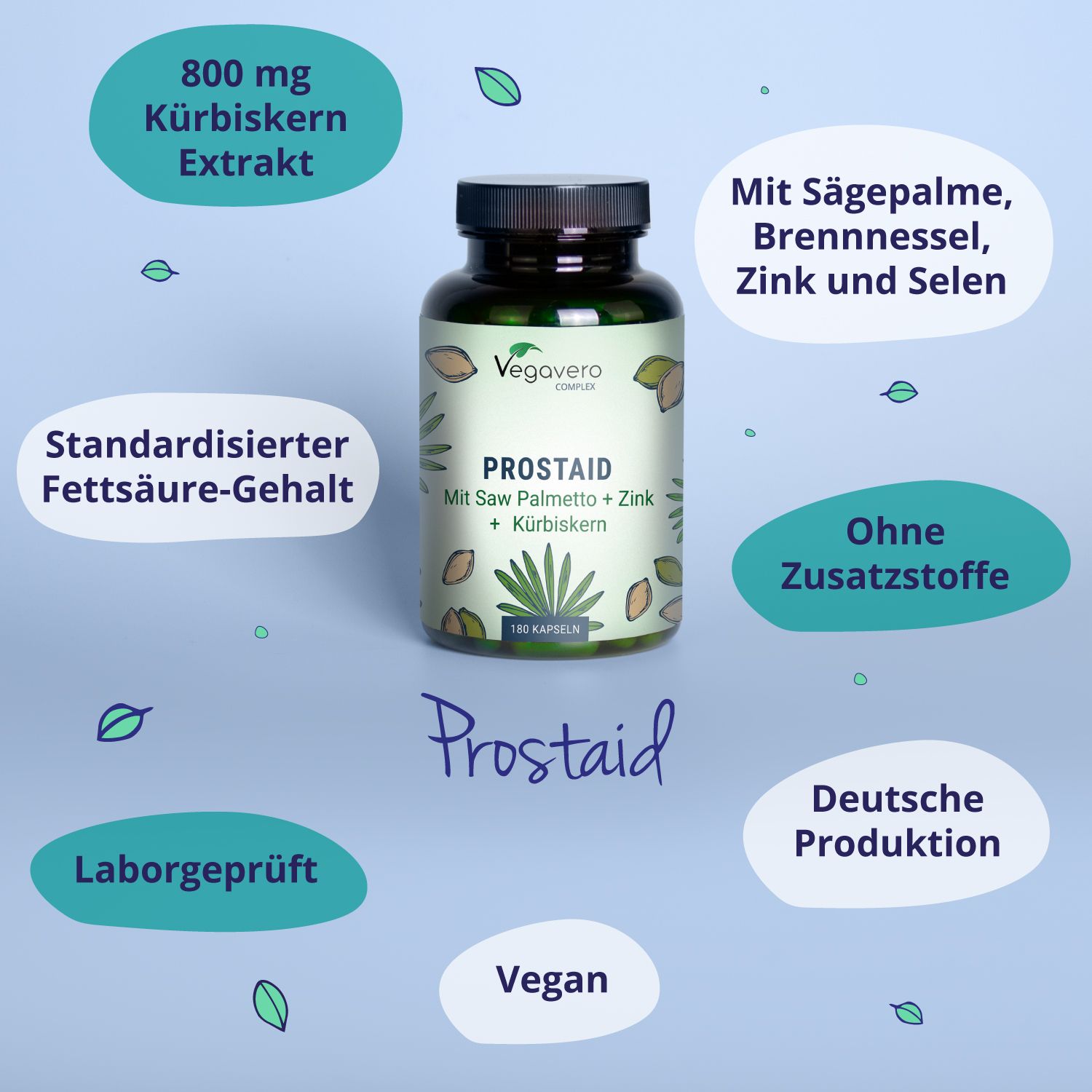 Grüne Flasche mit schwarzen Deckel. Aufschrift: VEGAVERO COMPLEX, PROSTAID, Mit Saw Palmetto + Zink + Kürbiskern. Zusätzliche Informationen.