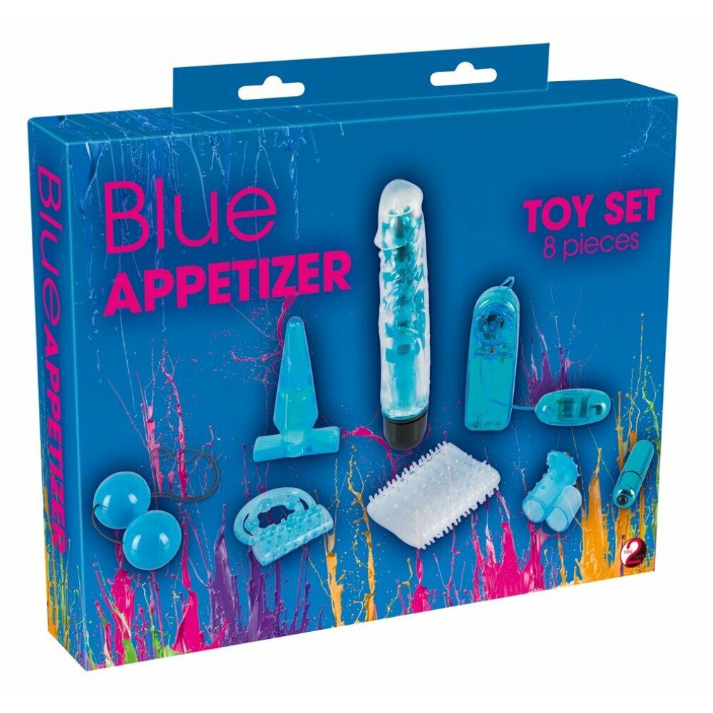 Blaues Toy-Set "Blue Appetizer" in Verpackung. Enthält 8 Teile. Aufschrift: "Blue Appetizer" und "TOY SET 8 pieces".