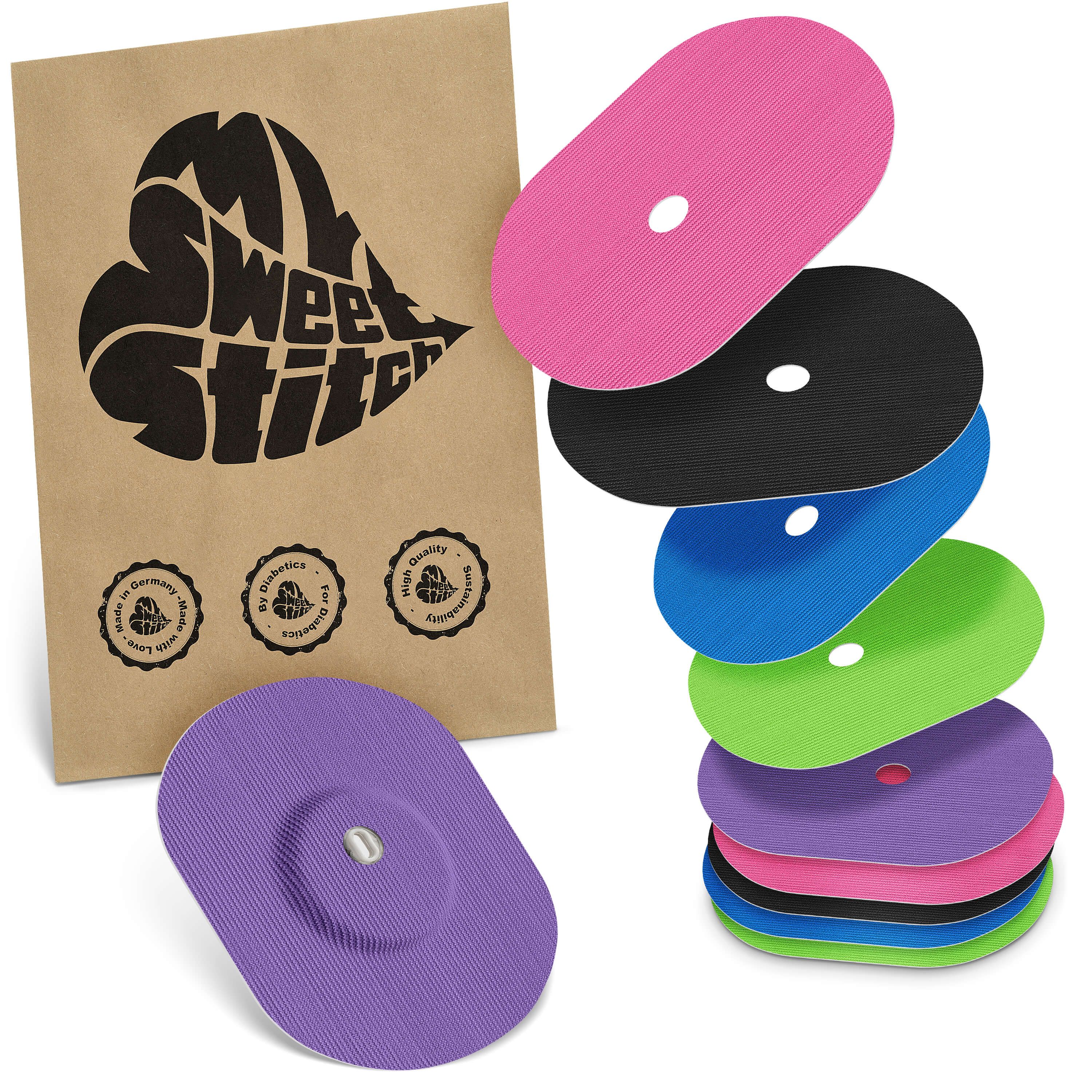 Verschiedenfarbige ovale Pflaster mit Loch. Braune Papiertüte mit Logo. Mehrere Qualitätszeichen.