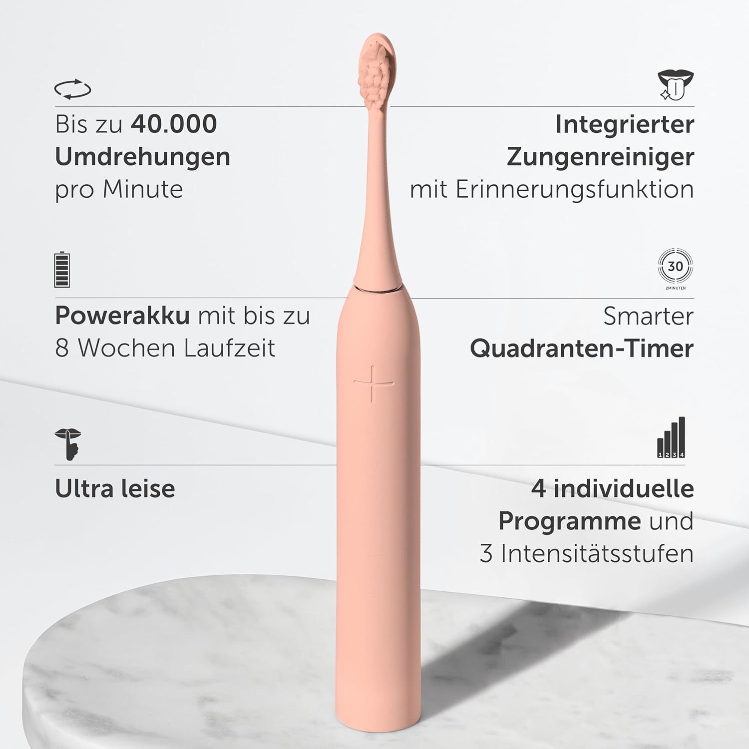Rosa Zahnbürste. Merkmale: bis zu 40.000 U/min, Zungenreiniger, 4 Programme, 3 Intensitätsstufen, Timer, leise.