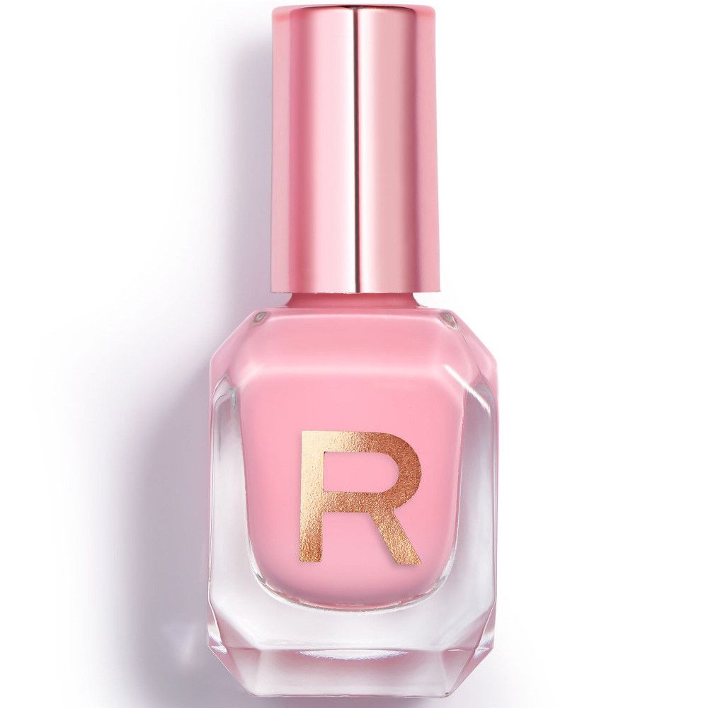 Ein Fläschchen hellrosa Nagellack mit einem goldenen 'R'-Logo und einem roségoldenen Deckel.