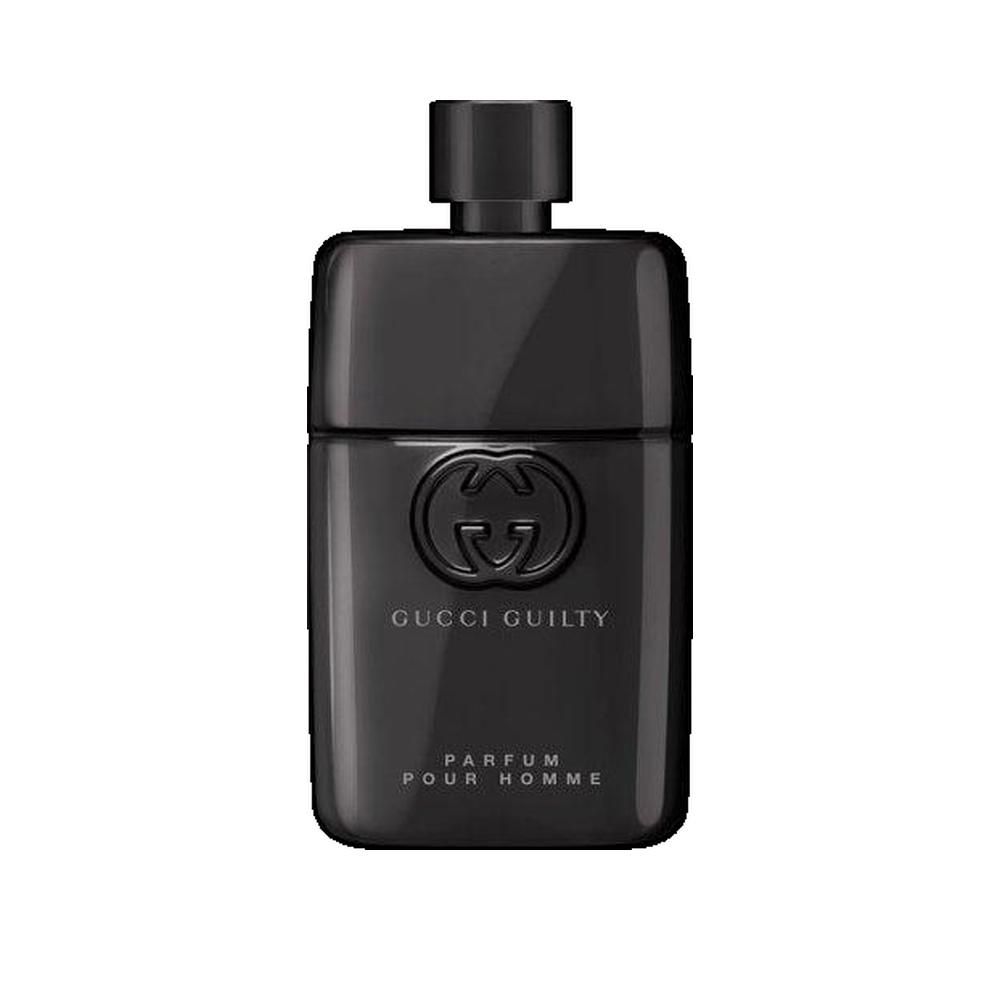 Schwarzer Flakon mit Gucci-Logo und Schriftzug Gucci Guilty Parfum Pour Homme. Rechteckige Form mit schwarzem Verschluss.