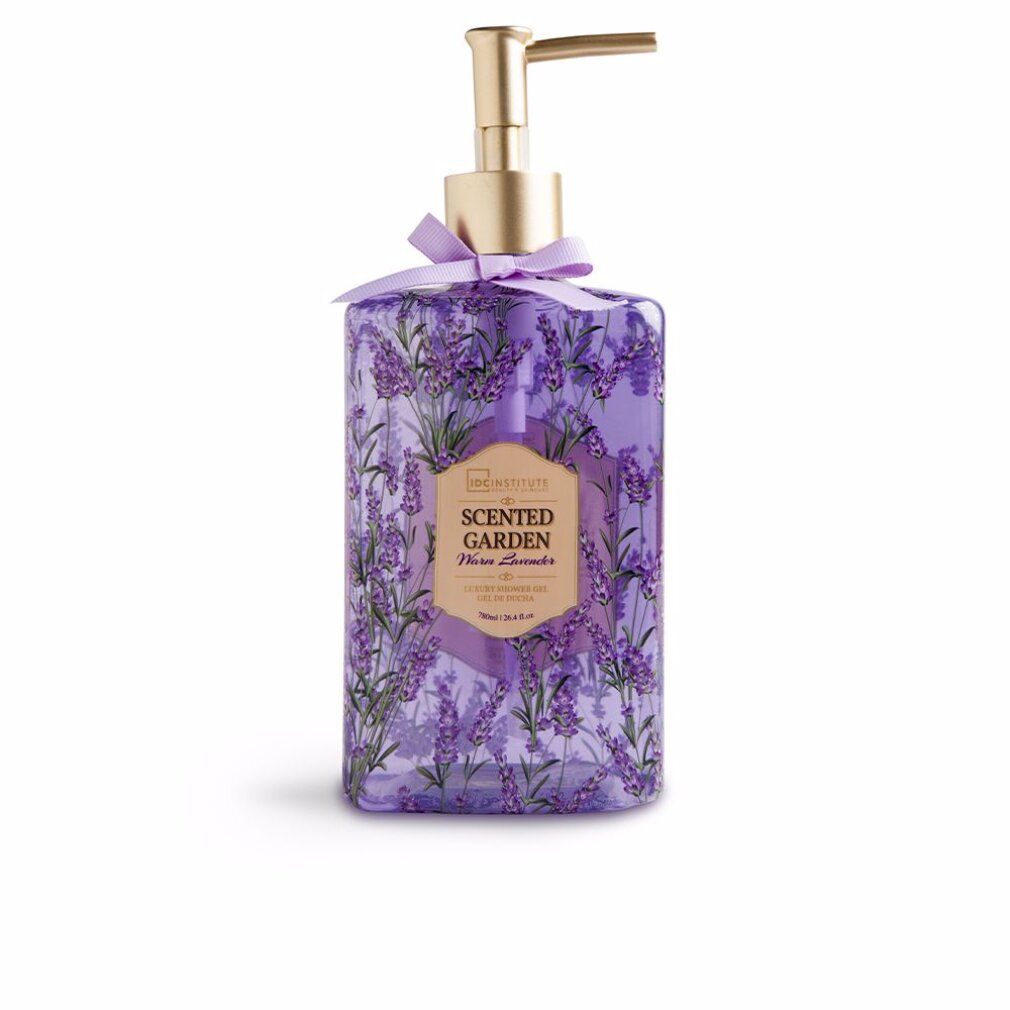 Flasche mit goldenem Spender und lila Schleife. Aufschrift: IDC Institute Scented Garden Fleur Lavanda.