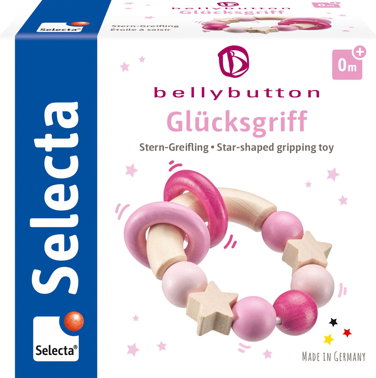 Verpackung von 'bellybutton Glücksgriff'. Rosa Greifling mit Holzperlen. Marke Selecta®.