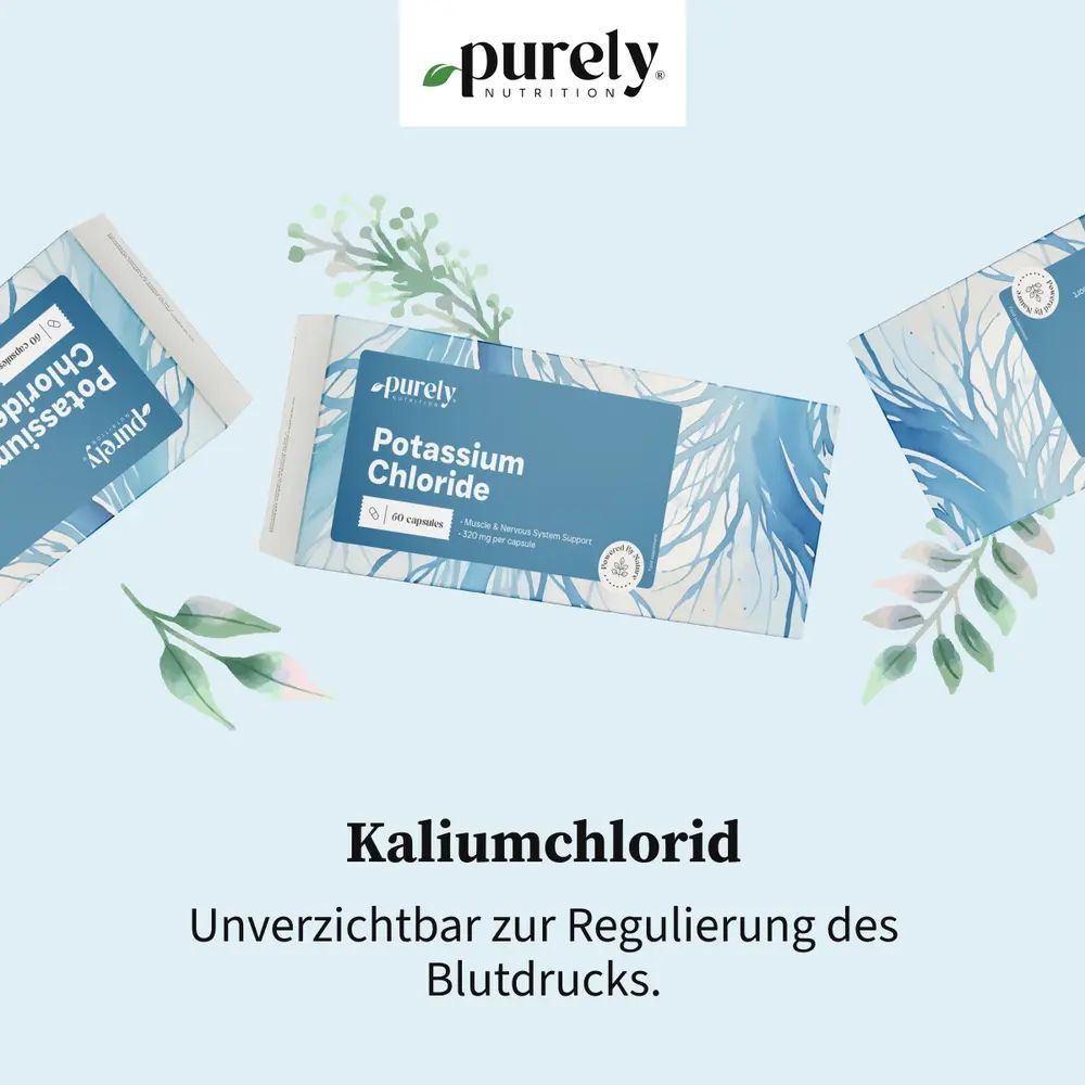 Drei Packungen Potassium Chloride. Text: Kaliumchlorid, Unverzichtbar zur Regulierung des Blutdrucks. Dekoration mit Blättern.
