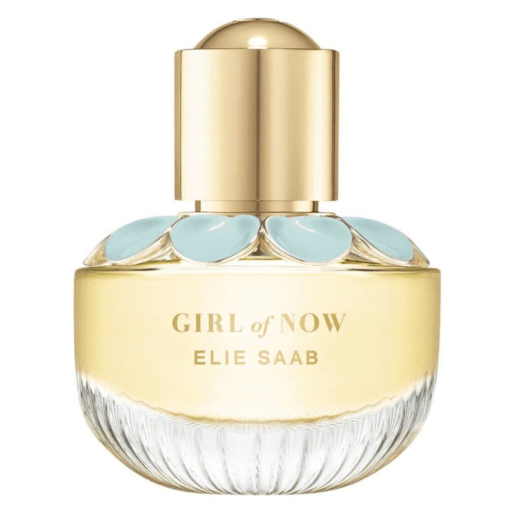 Flakon von Girl of Now Eau de Parfum. Hellgelbe Flüssigkeit, hellblaue Blüten und goldfarbener Verschluss. Aufschrift Girl of Now, Elie Saab.