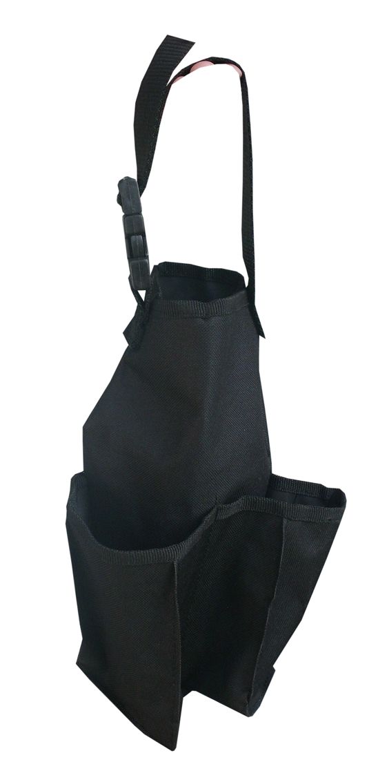 Schwarze Satteltasche mit zwei Fächern und Tragegurt mit Schnalle.