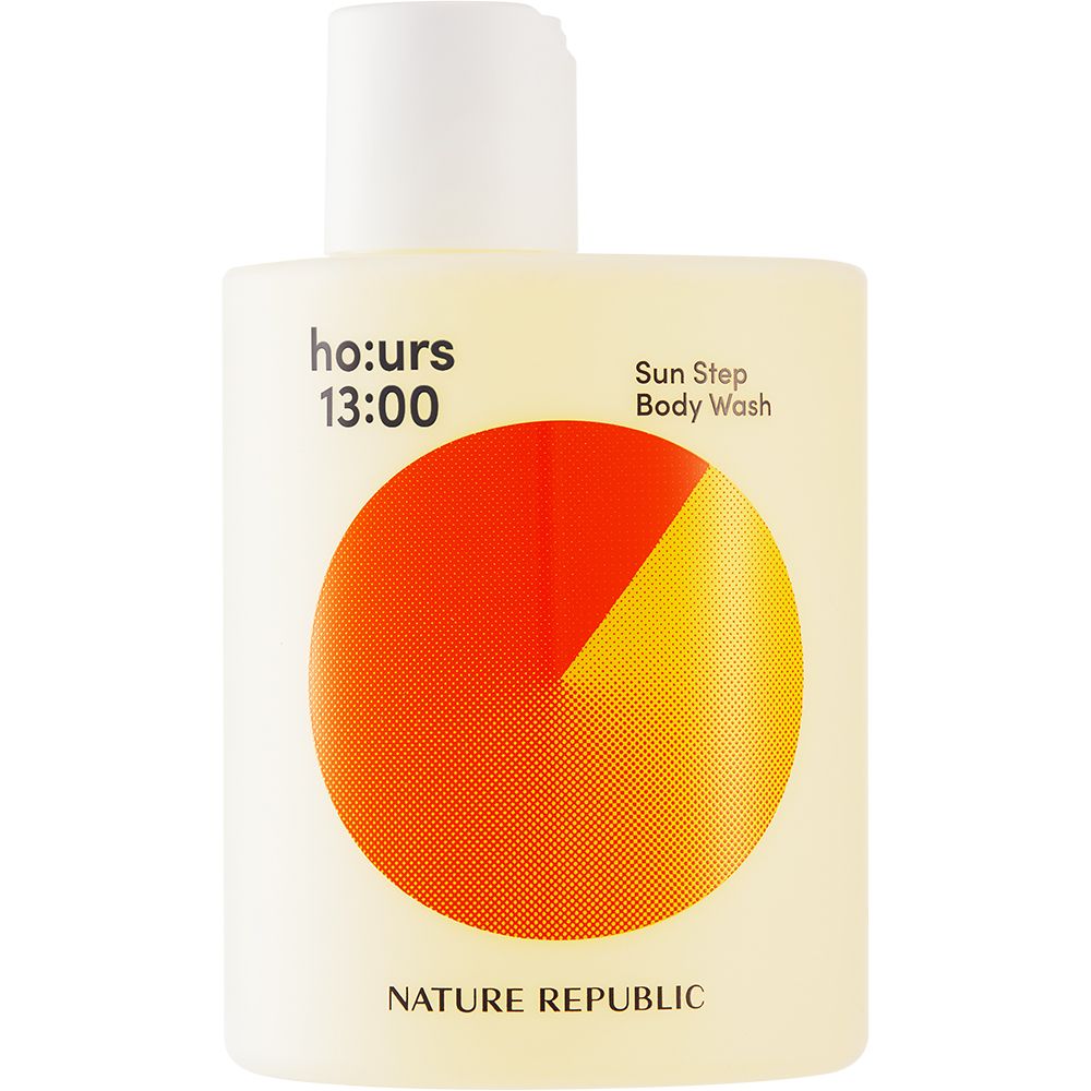 Beige Flasche mit weißem Deckel. Aufschrift: ho:urs 13:00, Sun Step Body Wash. Logo: orangefarbener Kreis. Marke: NATURE REPUBLIC.