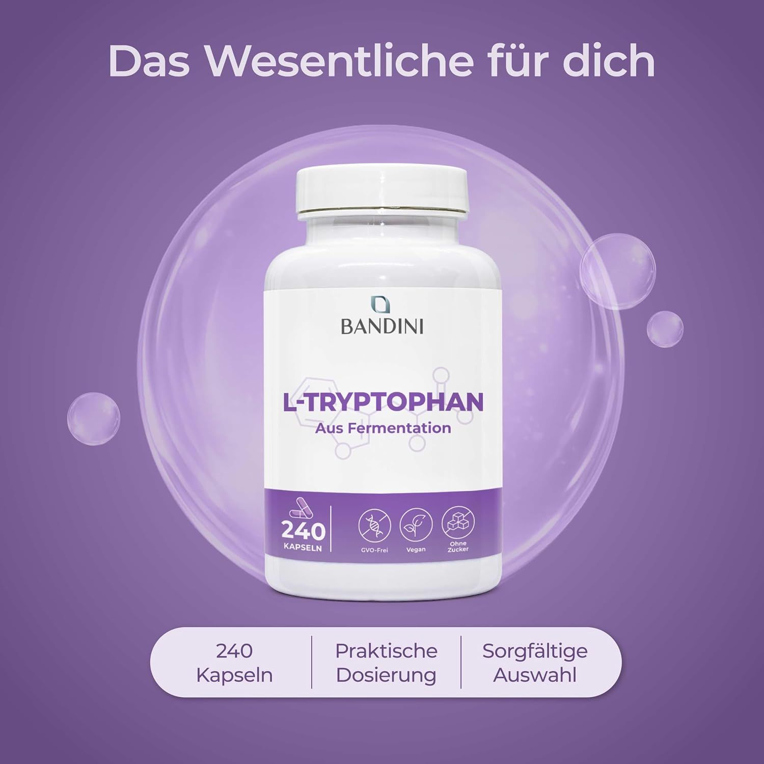 Flasche mit L-Tryptophan Kapseln, 240 Stück, aus Fermentation.