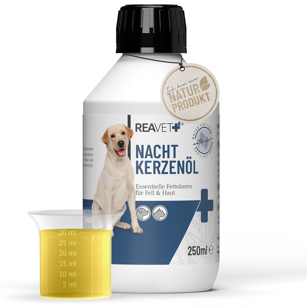 Weiße Flasche mit schwarzem Deckel, Etikett mit Produktname und Hund. Becher mit gelber Flüssigkeit. Naturprodukt-Siegel.