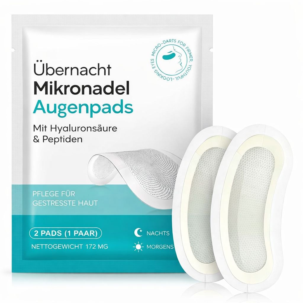 Verpackung mit zwei Augenpads. Text: Übernacht Mikronadel Augenpads. Mit Hyaluronsäure & Peptiden. Pflege für gestresste Haut.