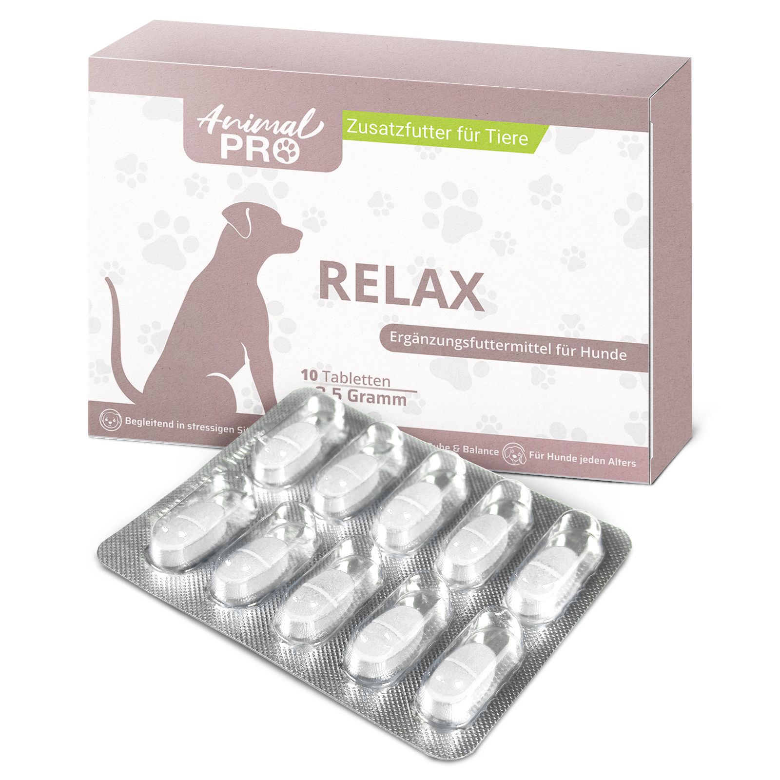 Verpackung und Blisterpackung mit 10 Relax-Tabletten für Hunde.